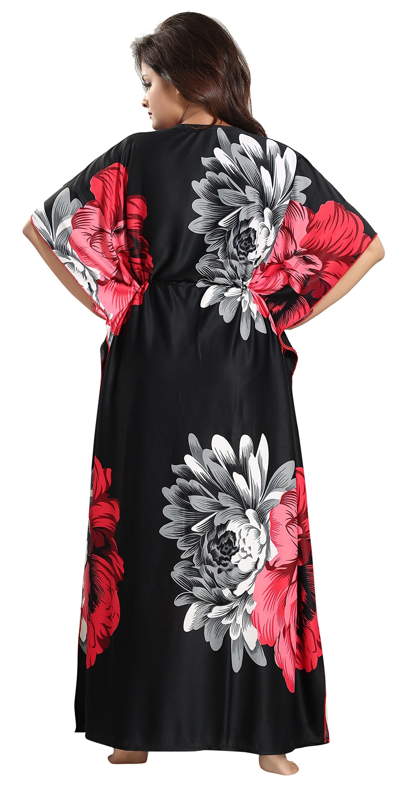Noty Women's Kaftan Nighty | Serena Fabric | Floral Print Maxi | Short Sleeves | V Shaped Neck