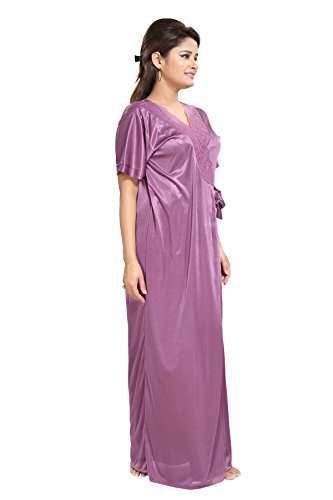 Noty Women's Satin Solid Maxi Nightwear Set Pack of 7 (Purple, Free Size)