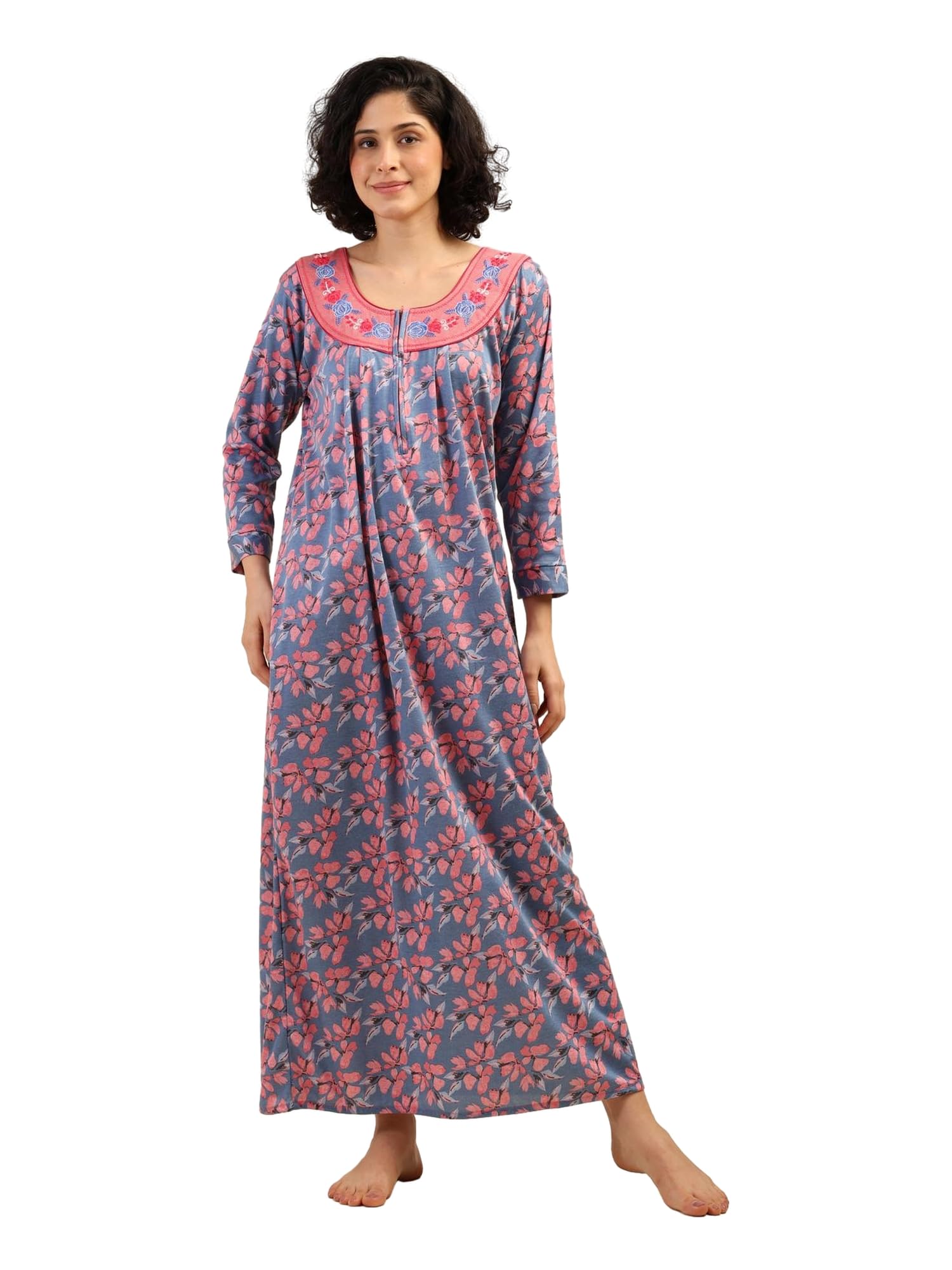 Noty® Women's- Nighty | Maxi | Gown- Poly Viscose Knits Fabric- Embroidery, Full Sleeves, Zip Closure