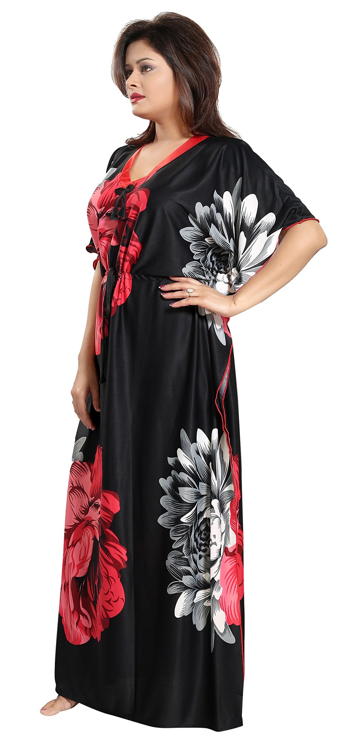Noty Women's Kaftan Nighty | Serena Fabric | Floral Print Maxi | Short Sleeves | V Shaped Neck