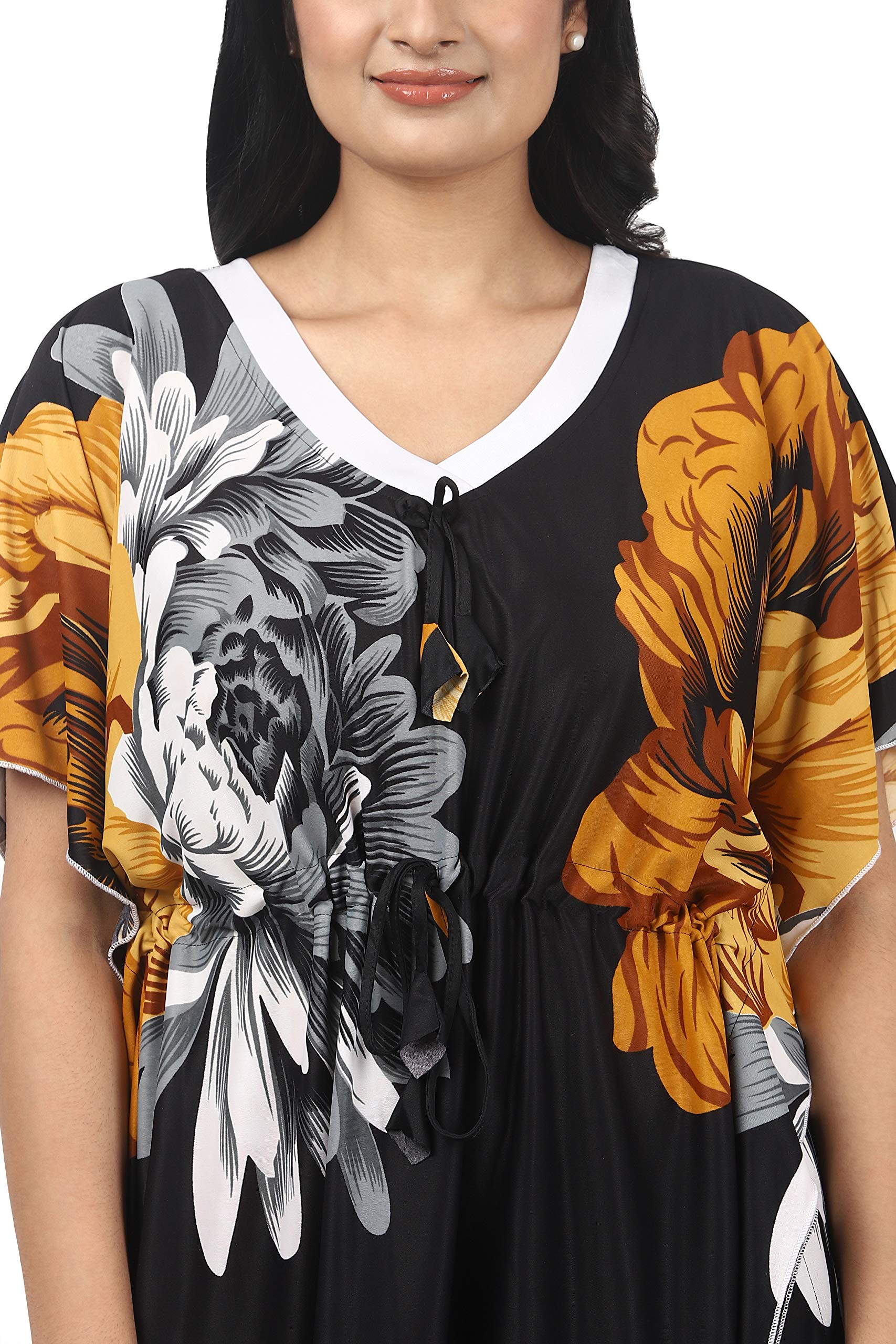 Noty Women's Kaftan Nighty | Serena Fabric | Floral Print Maxi | Short Sleeves | V Shaped Neck