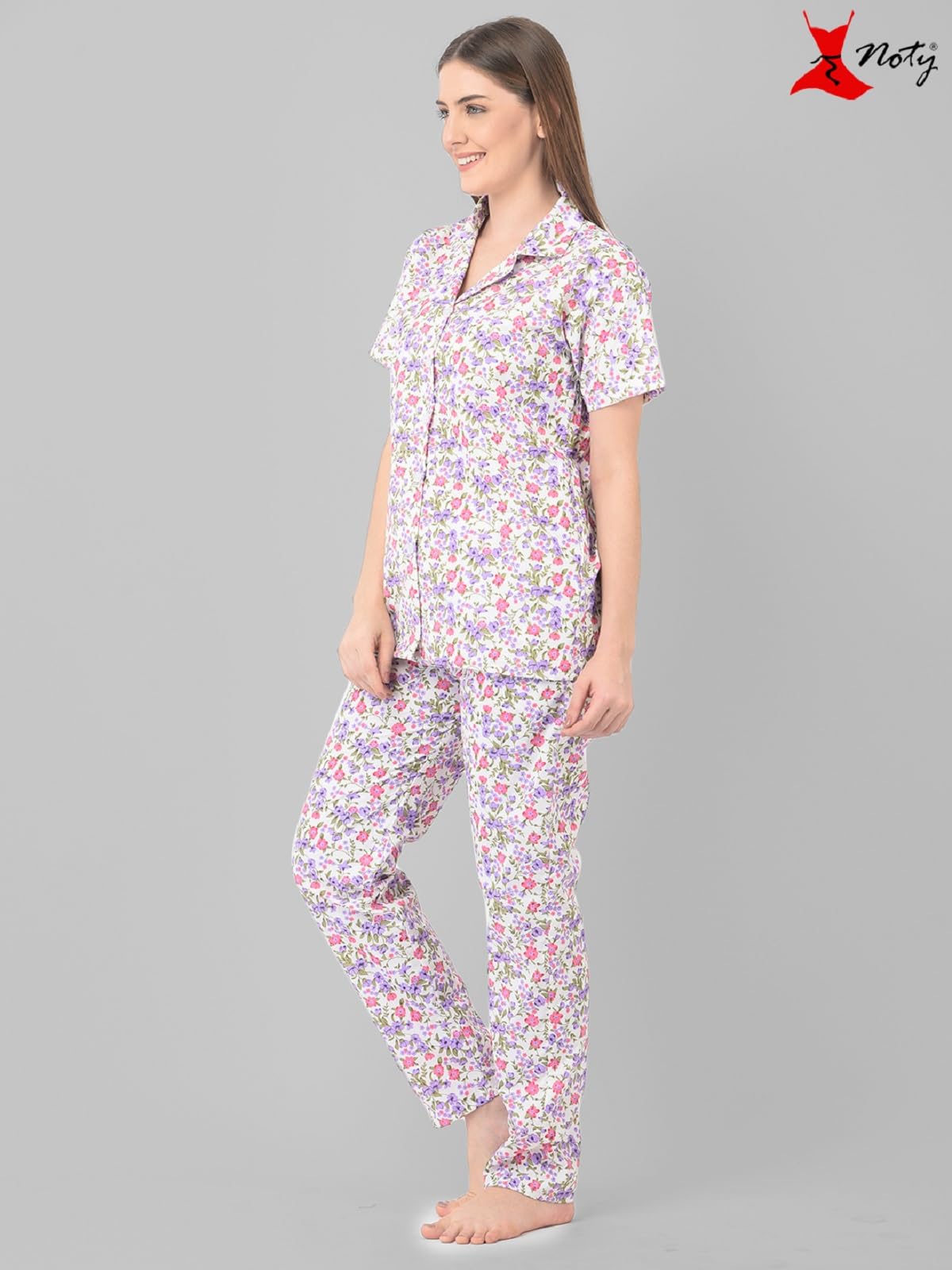 Noty ® Girl's/Women's Polyester and Cotton Mixed- Small Floral Printed- Night Suit/Night Wear/Lounge Wear/Night Dress
