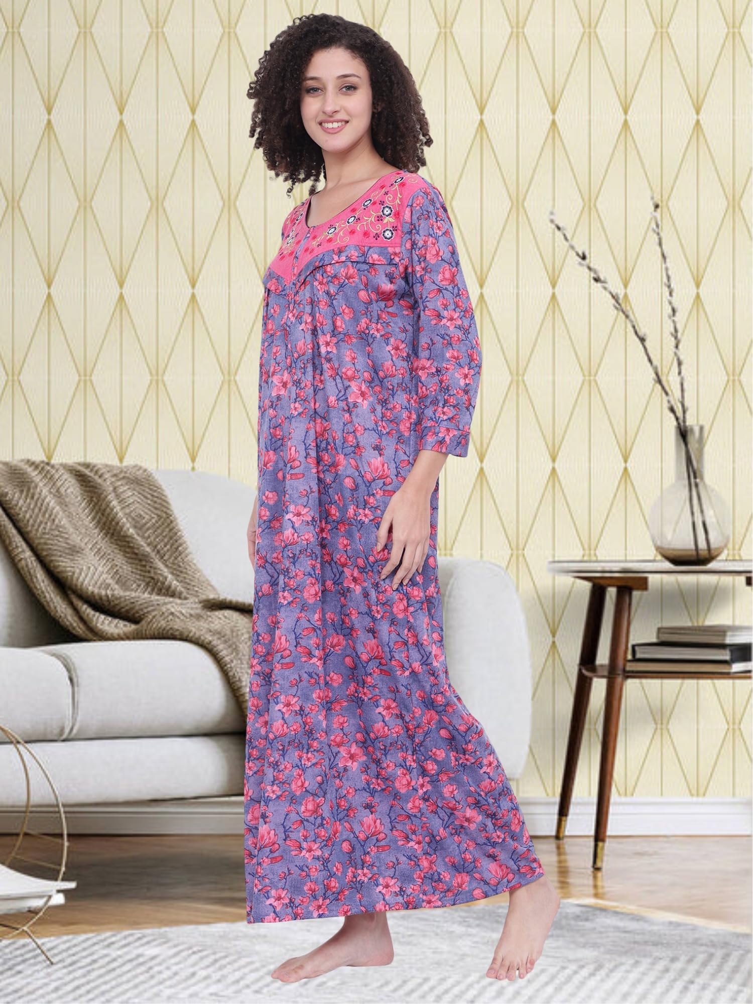 Noty ® Women's- Maternity | Feeding | Nursing | Nighty/Maxi/Gown- Poly Viscose Knits Fabric- Floral Embroidery, Zip on Both Sides, Full Sleeves