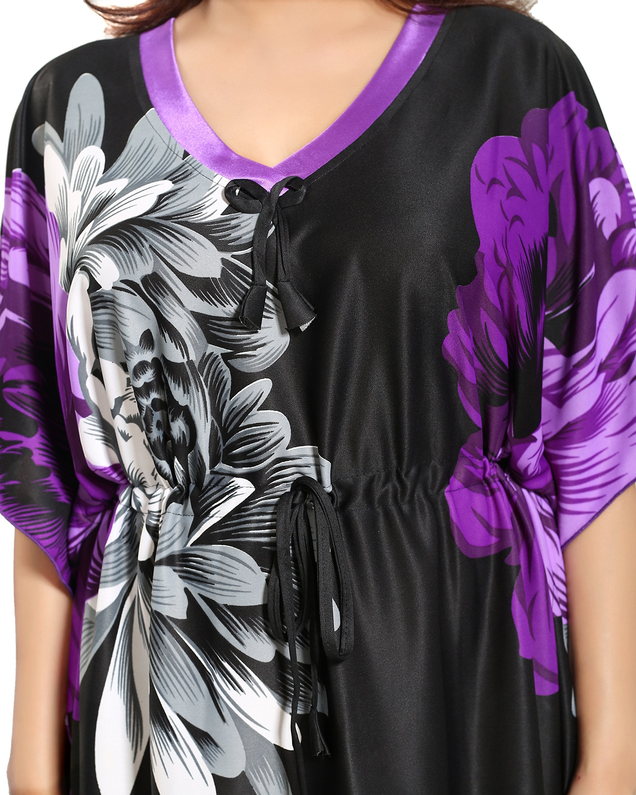 Noty Women's Kaftan Nighty | Serena Fabric | Floral Print Maxi | Short Sleeves | V Shaped Neck