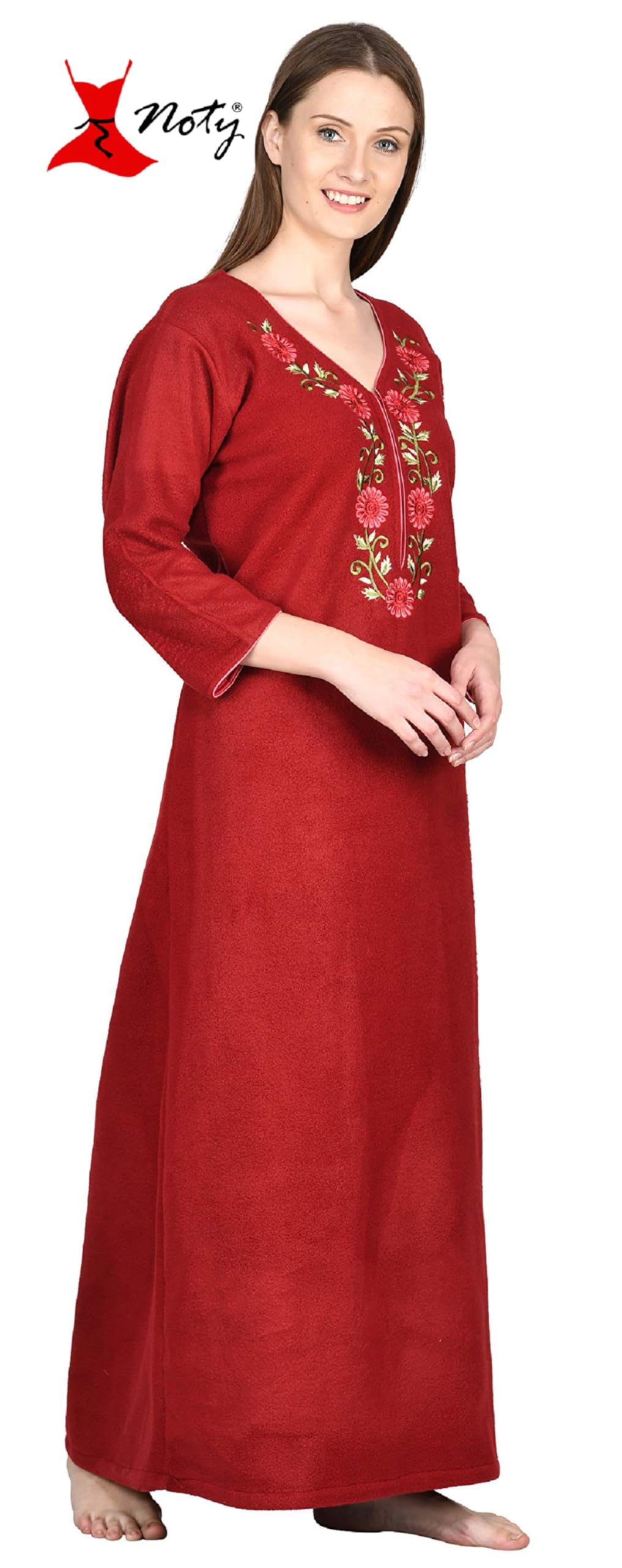 Noty Women Woolen Winter Fleece Nighty 3/4 Sleeve - Punch, Maroon, Deep Purple, Navy Blue
