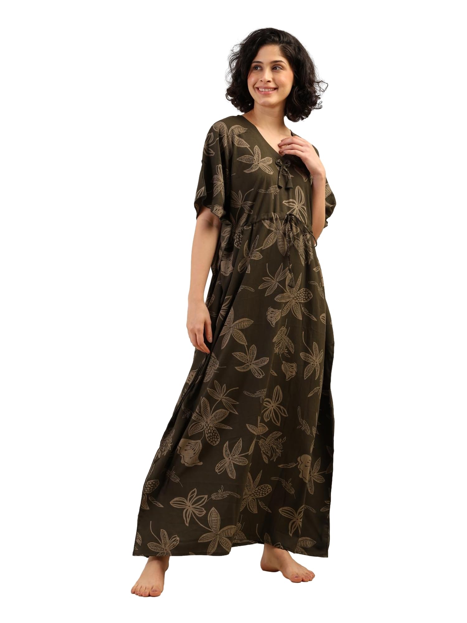 Noty® Women's- Kaftan | Maxi | Gown- 100% Pure Crush Cotton Fabric- V-Neck Floral Print