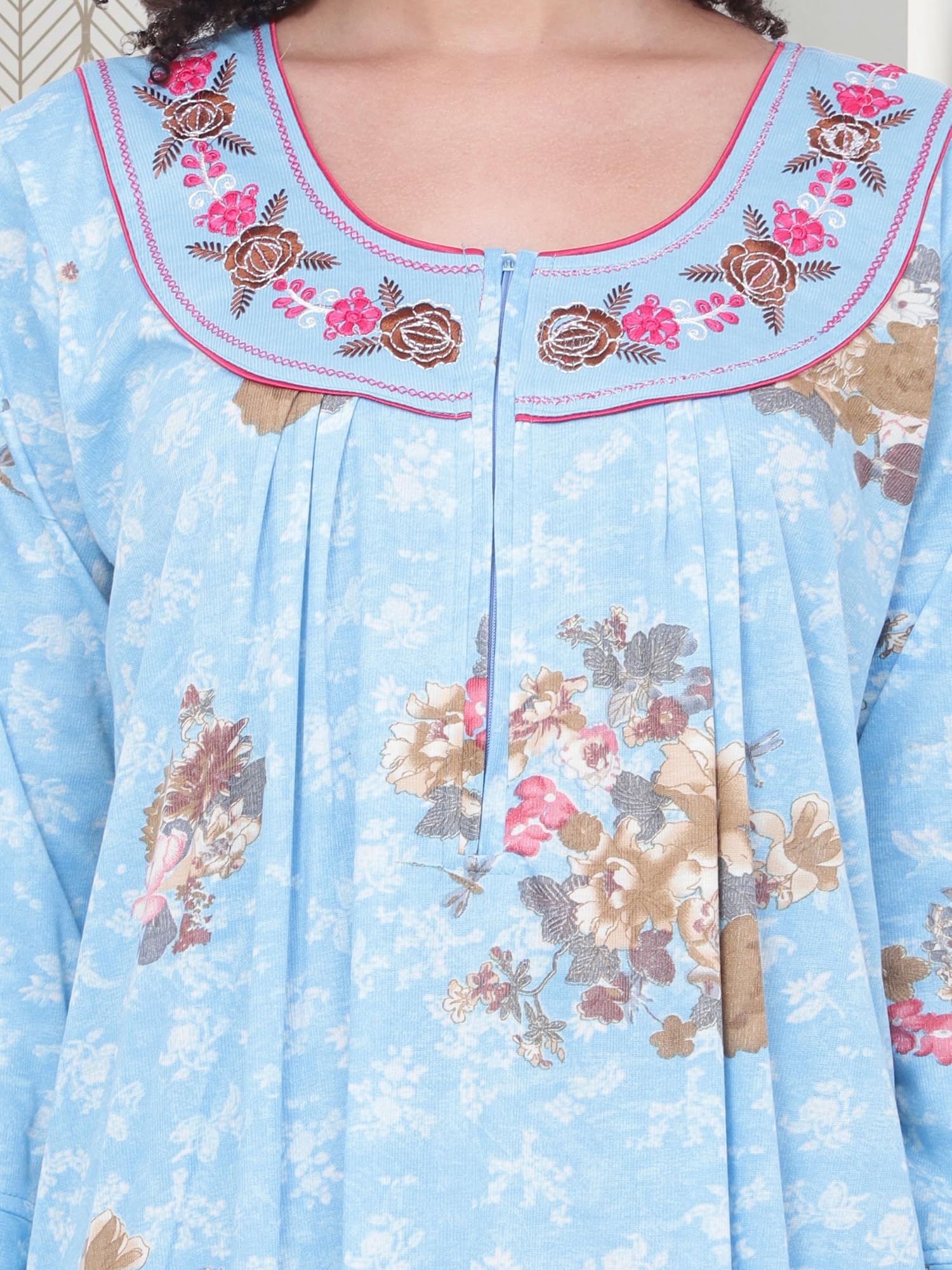 Noty® Women's- Nighty | Maxi | Gown- Poly Viscose Knits Fabric- Embroidery, Full Sleeves, Zip Closure