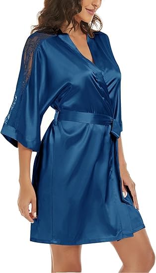 Noty ® Women's- 2 Pc Hot & Sexy Nightwear Set- Satin - Sexy Lace Chemise with Kimono Robe
