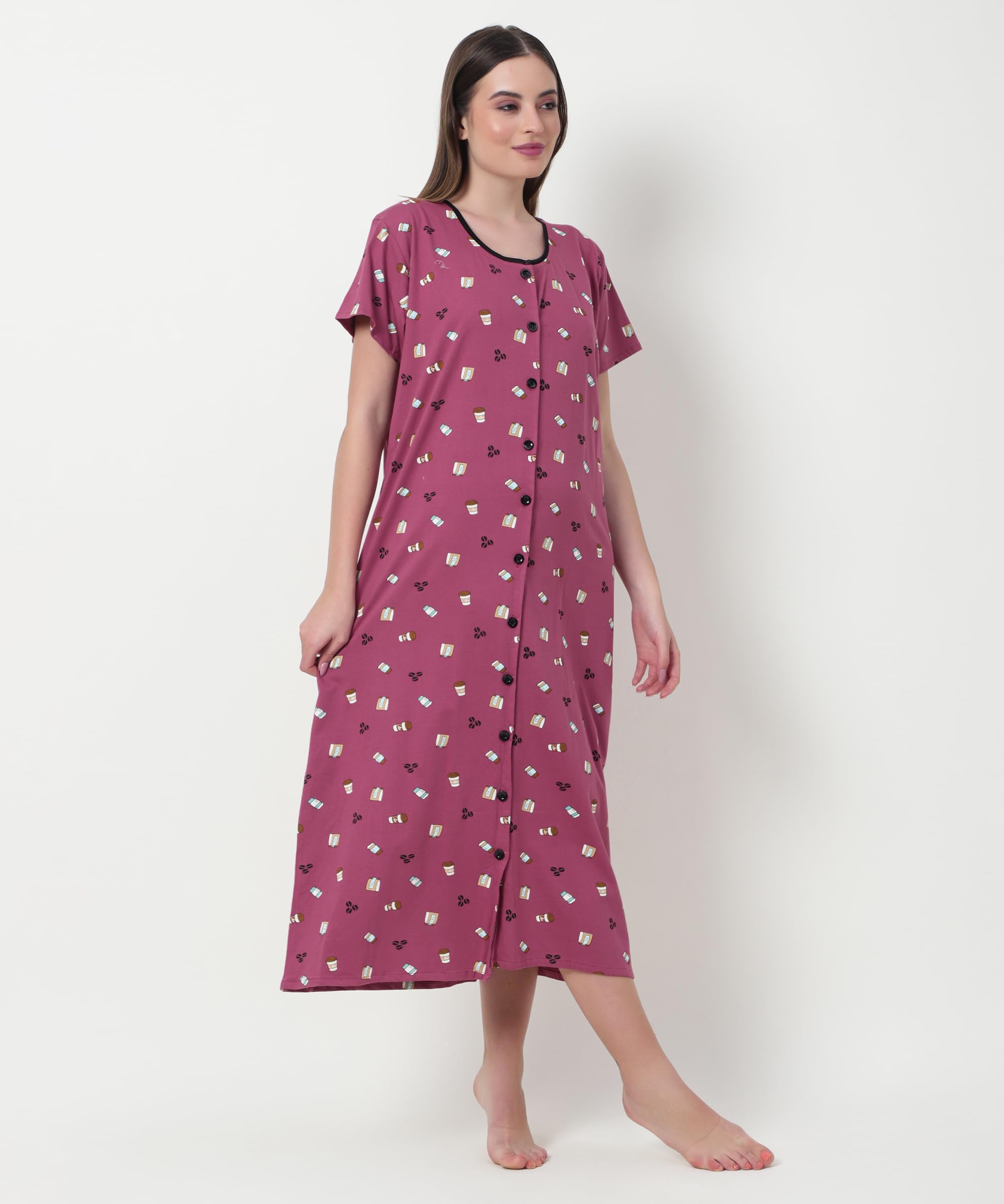 Noty ® Women's- Maternity | Hospital | Delivery Gown | Feeding | Nursing Nighty- Sinker Cotton Knits Fabric- Front Open | Printed | Full Button Open | Short Sleeves