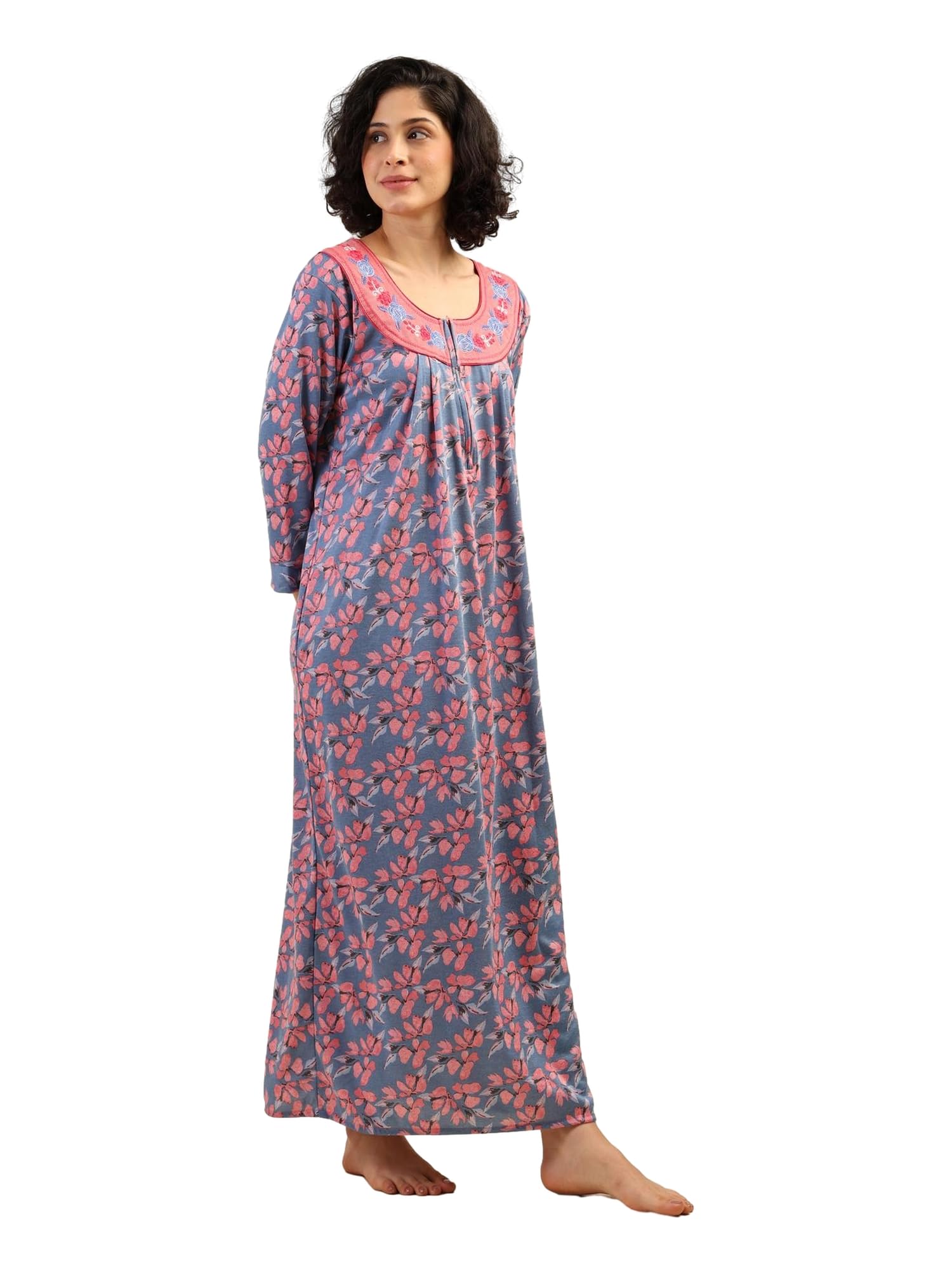 Noty® Women's- Nighty | Maxi | Gown- Poly Viscose Knits Fabric- Embroidery, Full Sleeves, Zip Closure