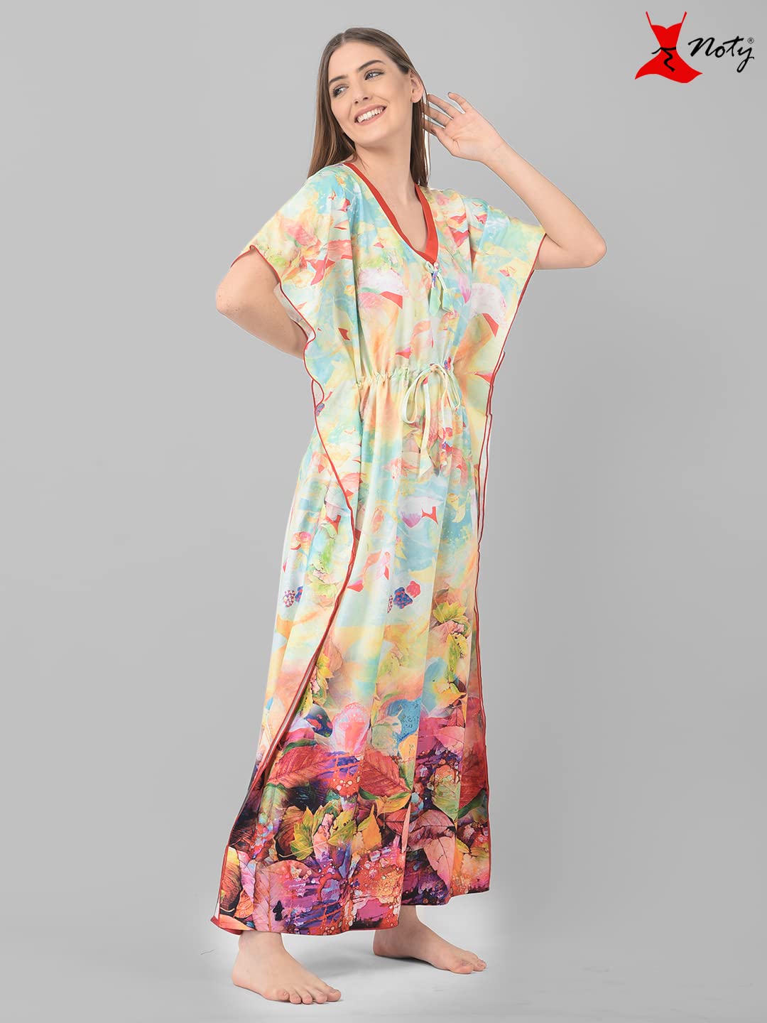 Noty ยฎ Women's Kaftan Nighty | Digital Print | Sarena Fabric | V Shaped Neck Nightwear | Nightdress for Girl