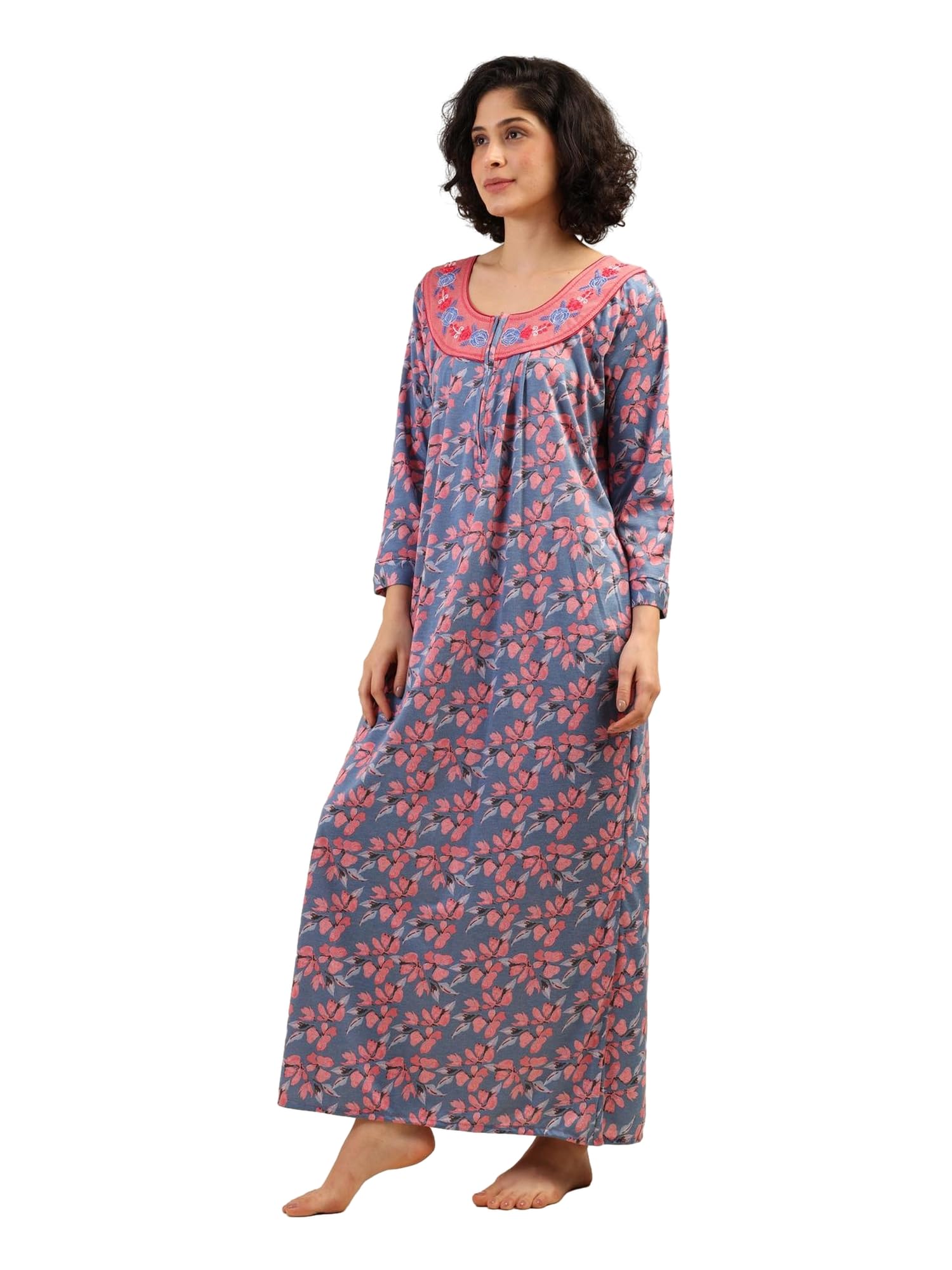 Noty® Women's- Nighty | Maxi | Gown- Poly Viscose Knits Fabric- Embroidery, Full Sleeves, Zip Closure