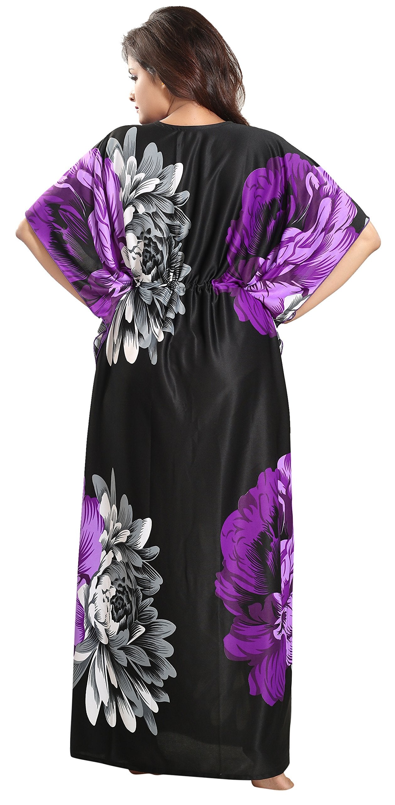Noty Women's Kaftan Nighty | Serena Fabric | Floral Print Maxi | Short Sleeves | V Shaped Neck