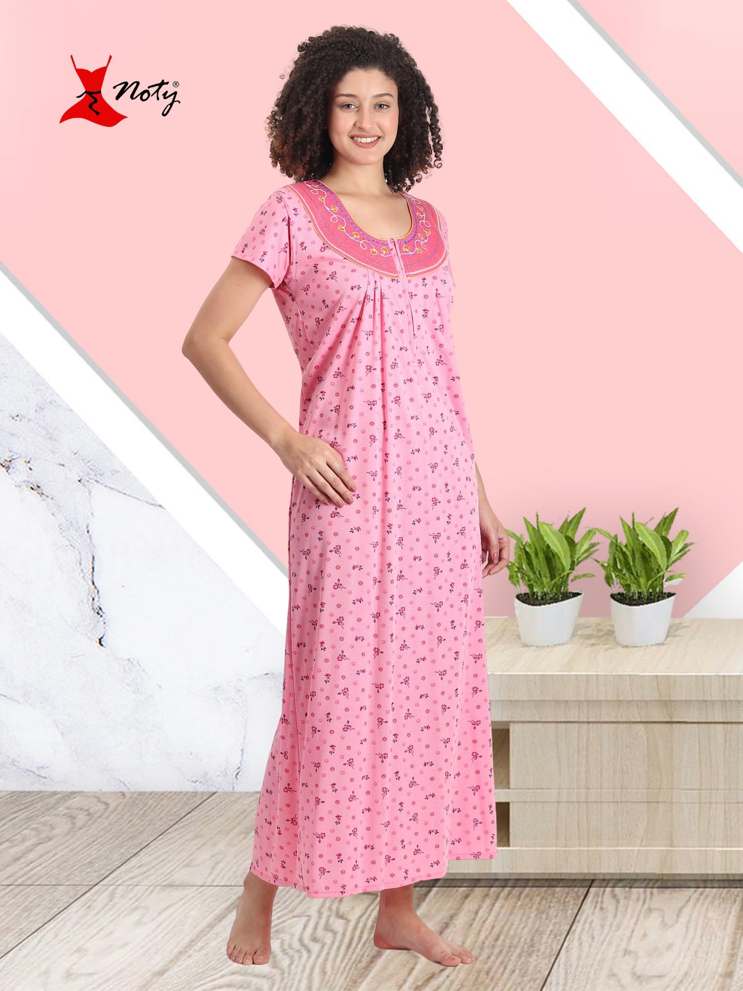 Noty® Women's- Nighty | Maxi | Gown- Poly Viscose Knits Fabric- Embroidery, Full Sleeves, Zip Closure