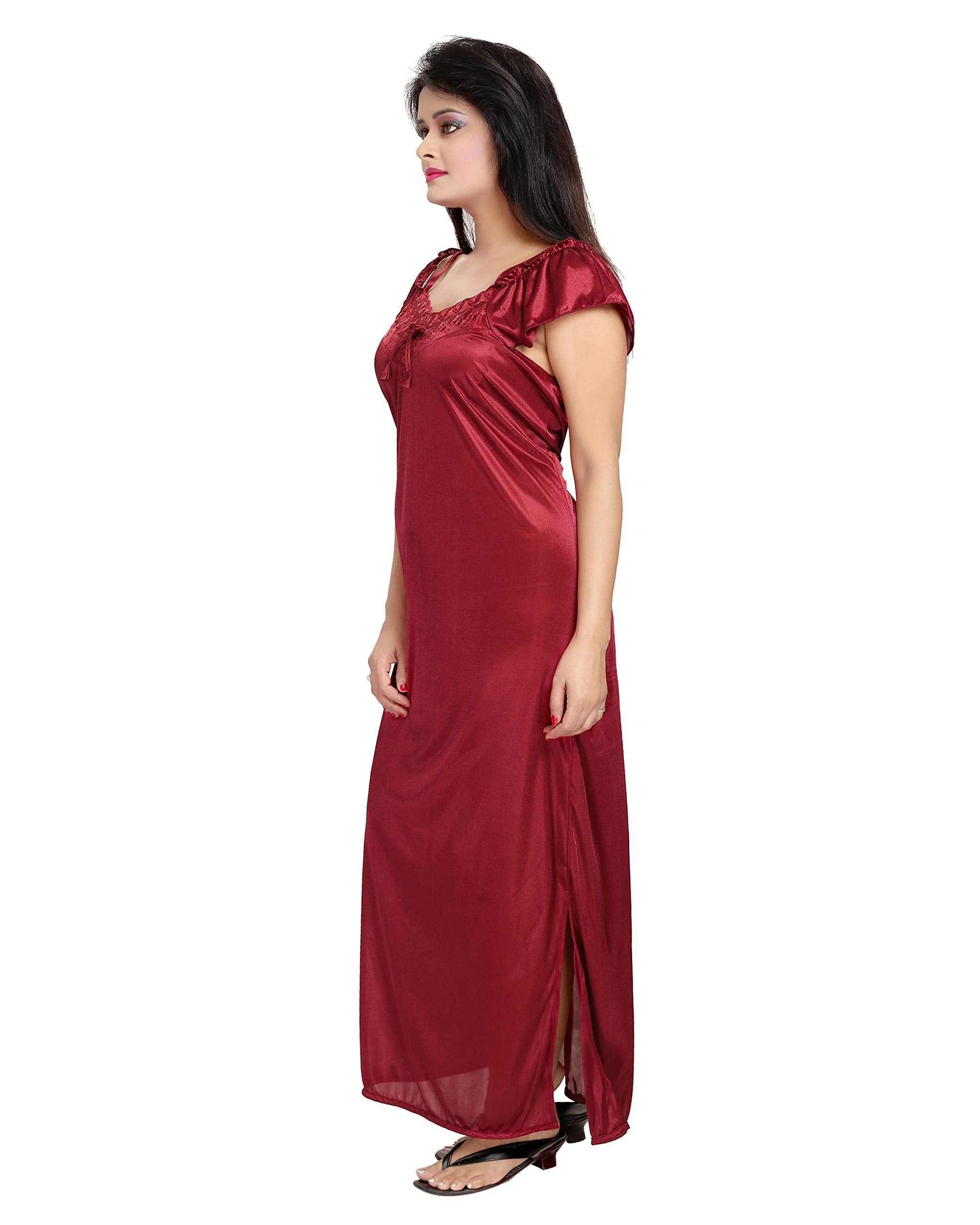 Noty Women's Satin Nighty, Robe, Top, Night Dress - Set of 6/7 (Maroon, Free Size)