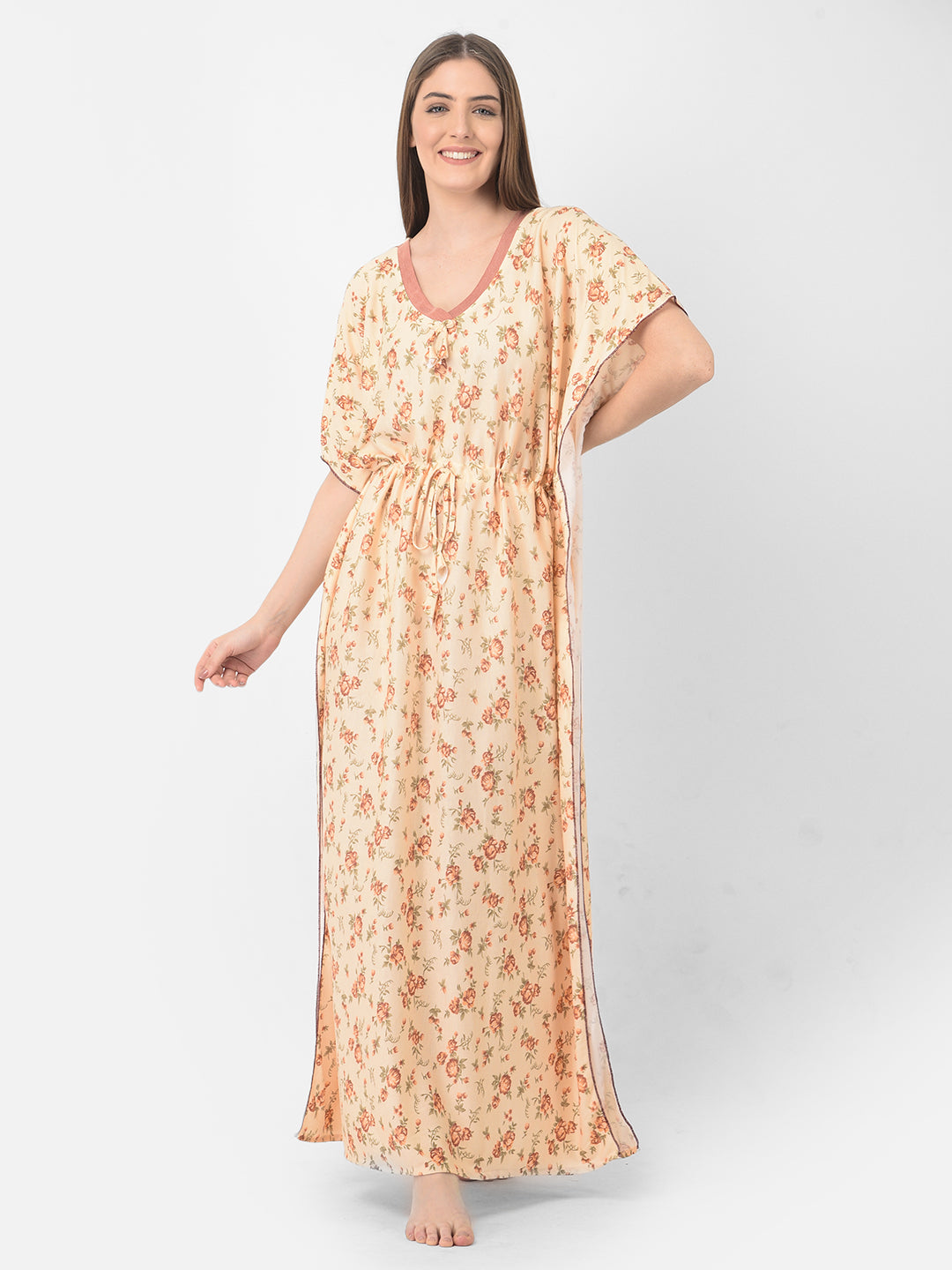 Noty Women's Soft Cotton Kaftan Maxi Nightgown Nighty Nightdress Nightwear -V-Neck- Floral