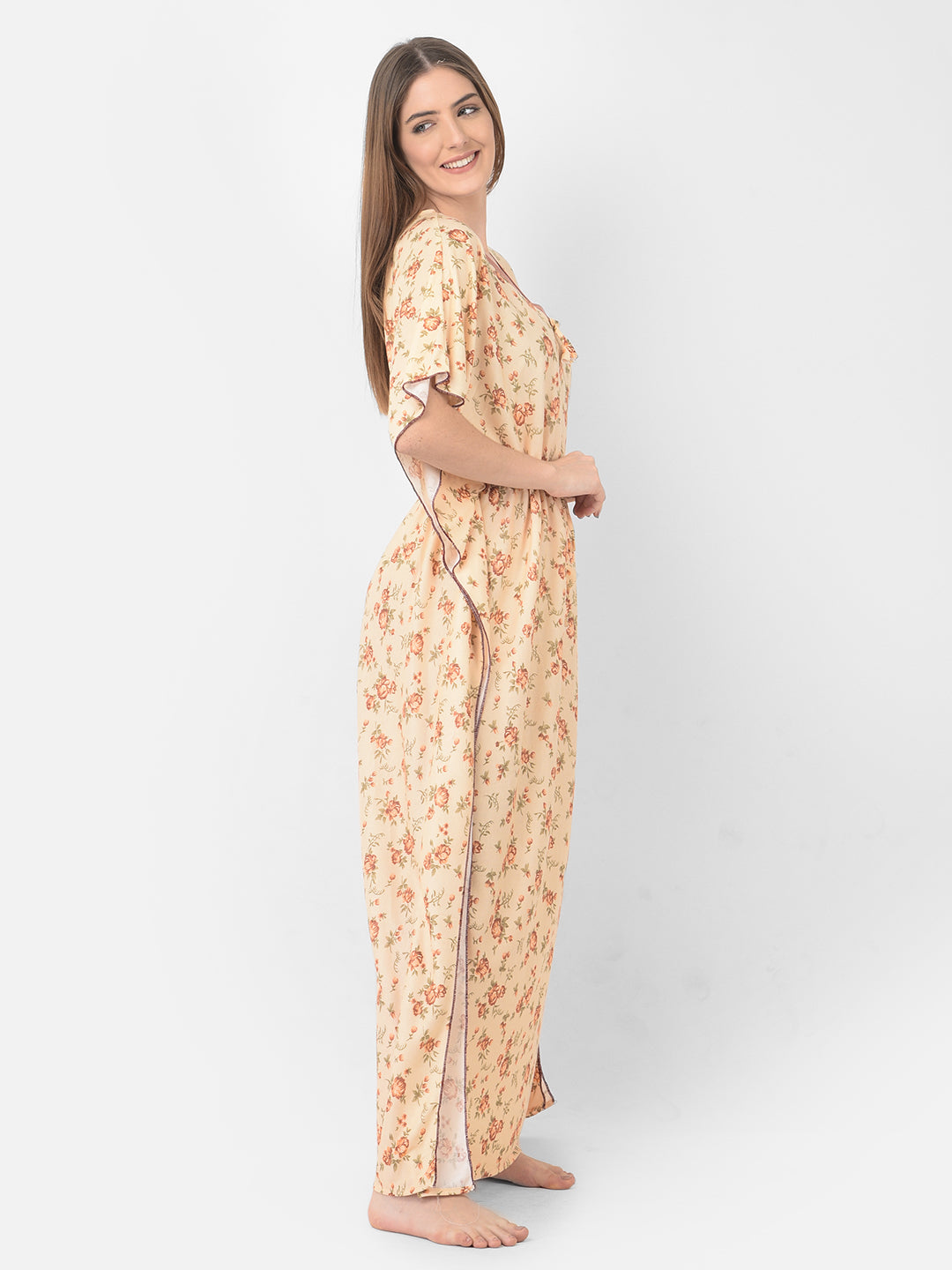 Noty Women's Soft Cotton Kaftan Maxi Nightgown Nighty Nightdress Nightwear -V-Neck- Floral