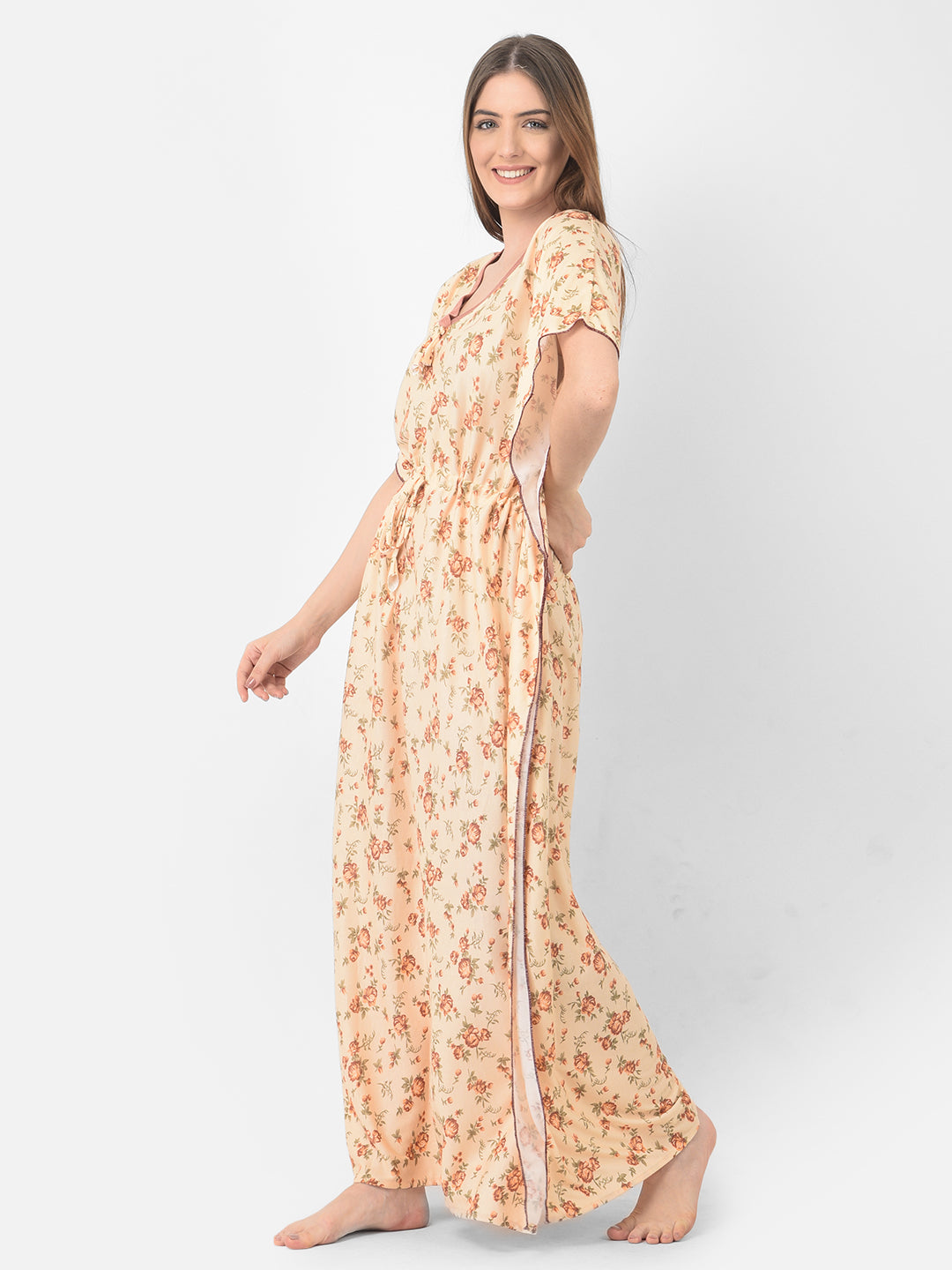 Noty Women's Soft Cotton Kaftan Maxi Nightgown Nighty Nightdress Nightwear -V-Neck- Floral