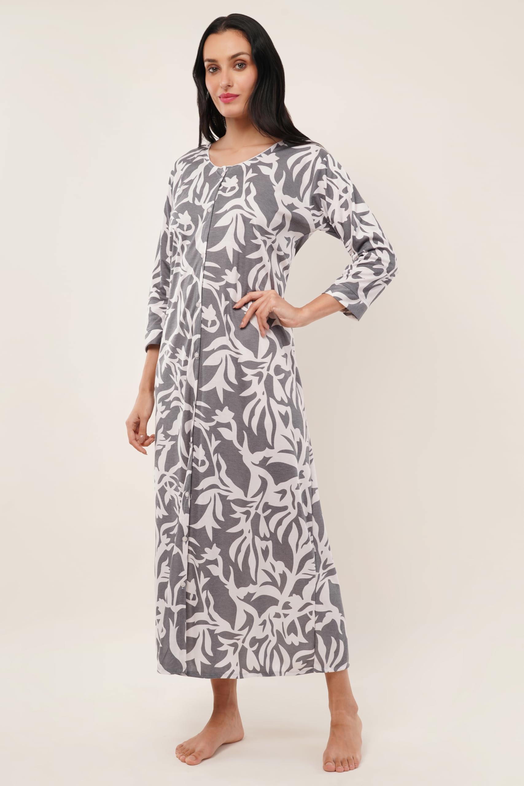 Noty® Women's- Maternity/Hospital/Delivery Gown- Poly Viscose Knits Fabric- Front Open | Printed | Round Neck with Button Closure | Pocket | Full Sleeves