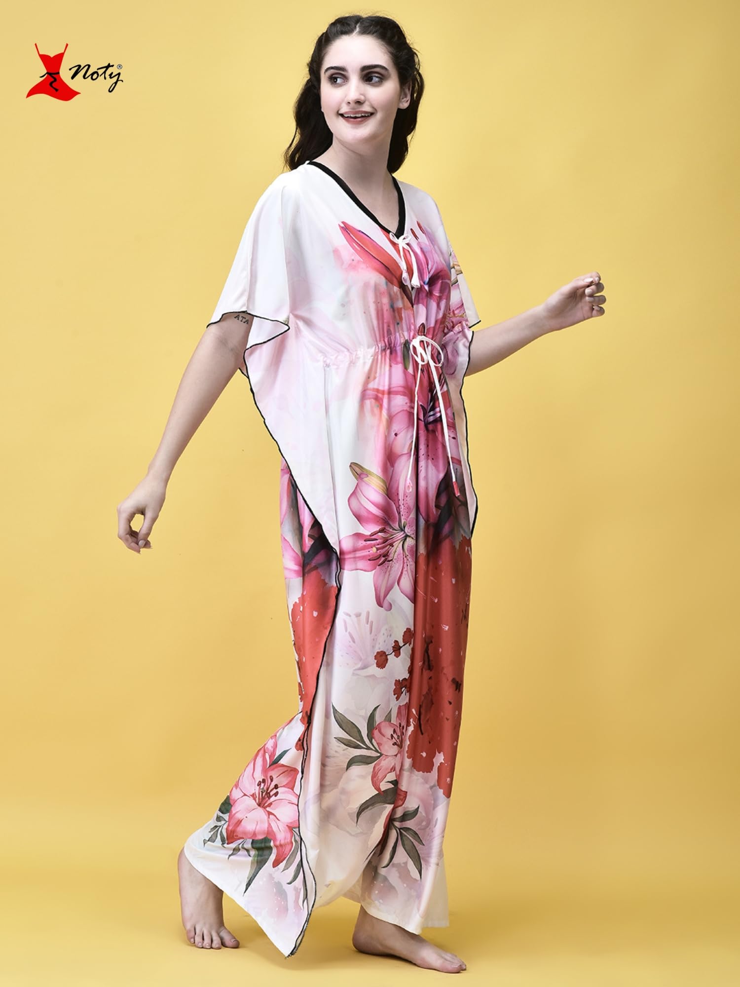 Noty ยฎ Women's Kaftan Nighty | Digital Print | Sarena Fabric | V Shaped Neck Nightwear | Nightdress for Girl