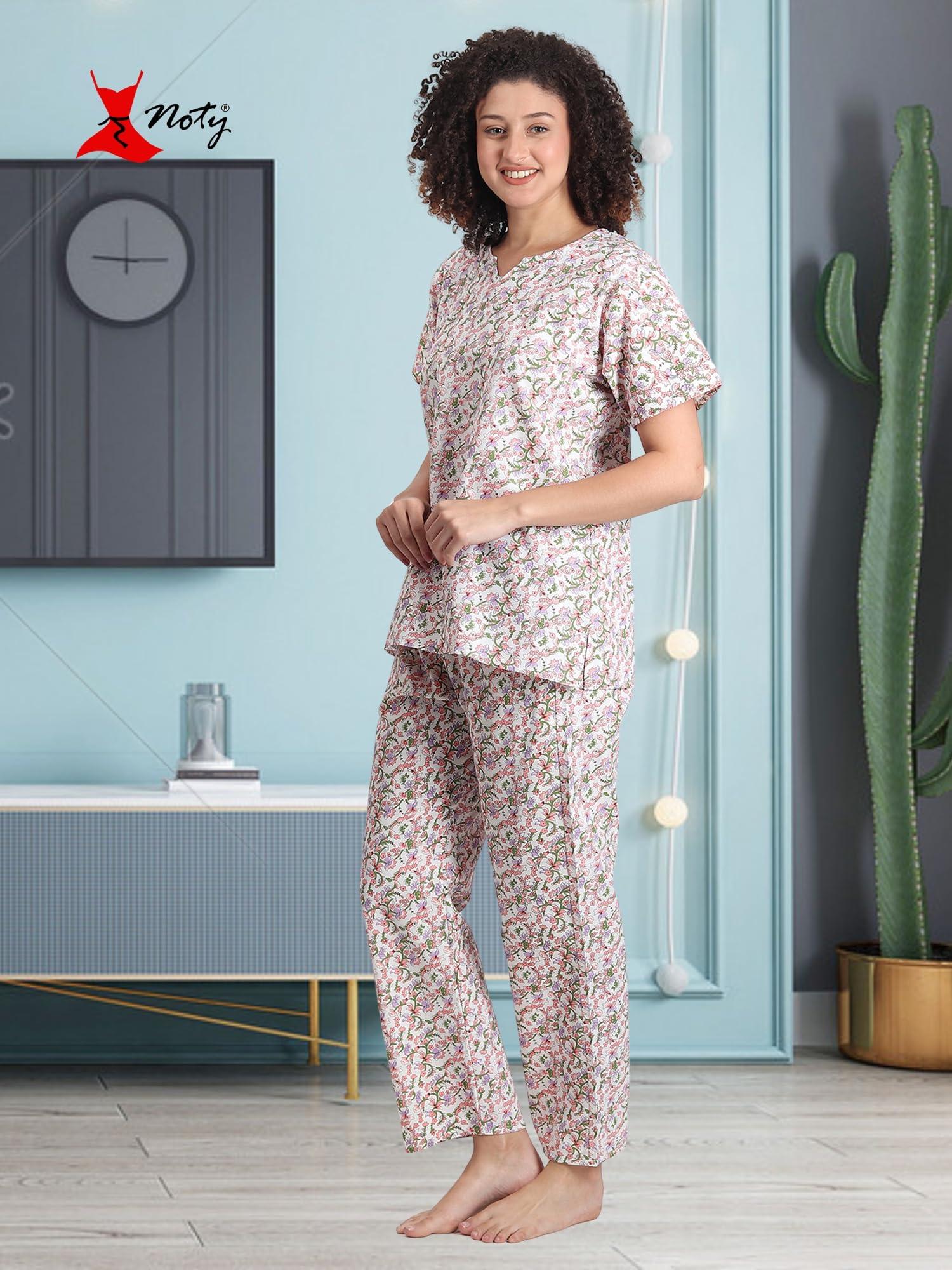 Noty ® Girl's/Women's Polyester and Cotton Mixed- Small Floral Printed- Night Suit/Night Wear/Lounge Wear/Night Dress