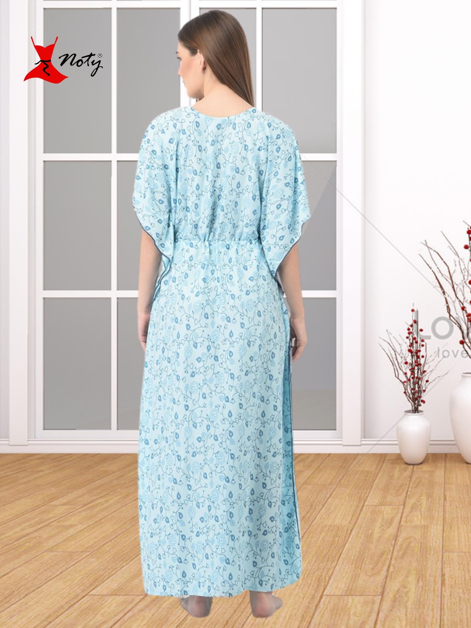 Noty Women's Soft Cotton Kaftan Maxi Nightgown Nighty Nightdress Nightwear -V-Neck- Floral