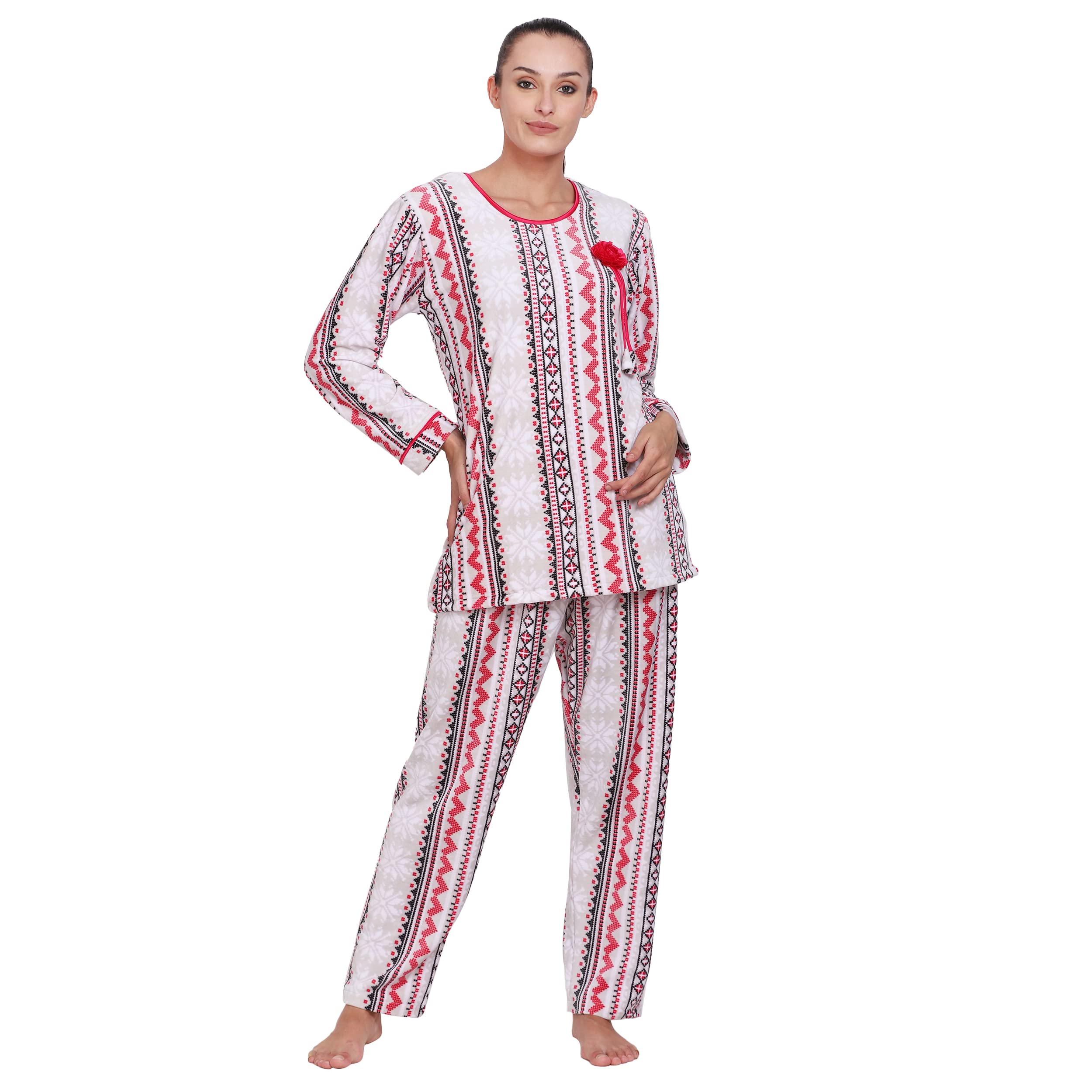 Noty- Night Suit Winter Velvet-Round Neck- Printed