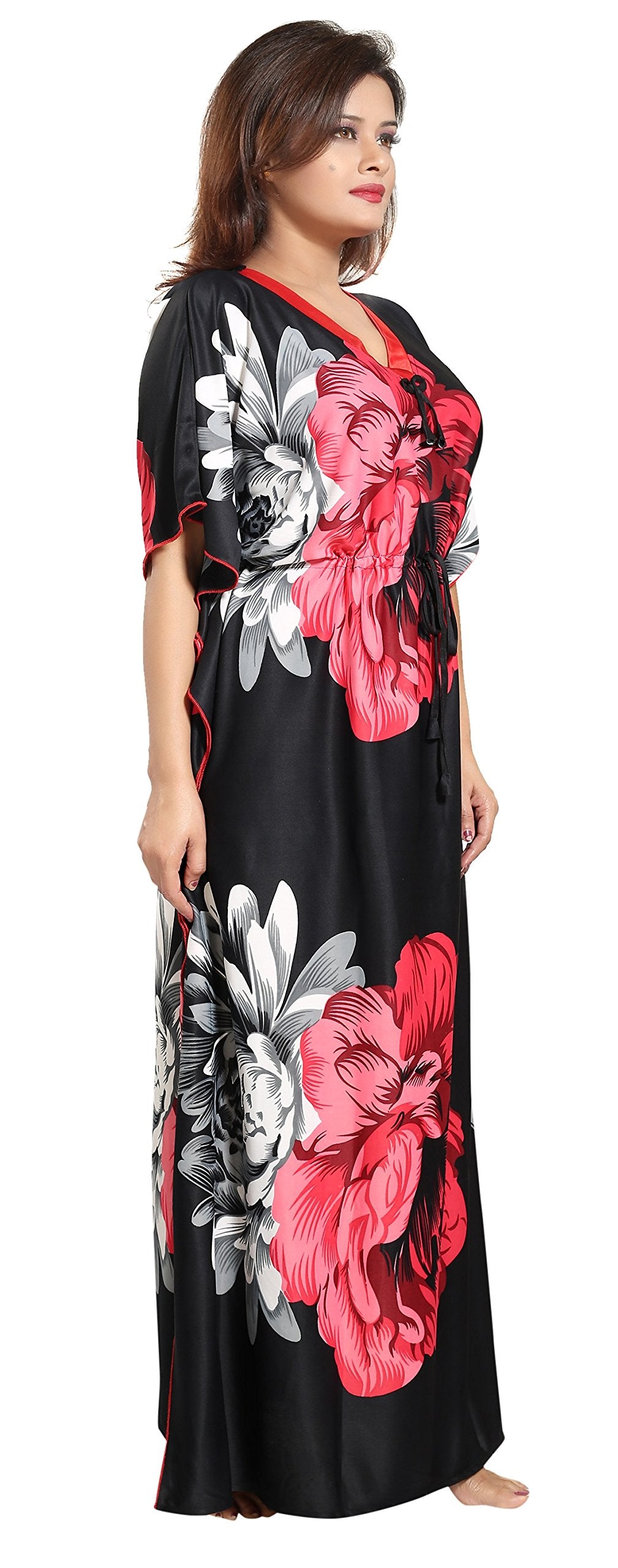 Noty Women's Kaftan Nighty | Serena Fabric | Floral Print Maxi | Short Sleeves | V Shaped Neck