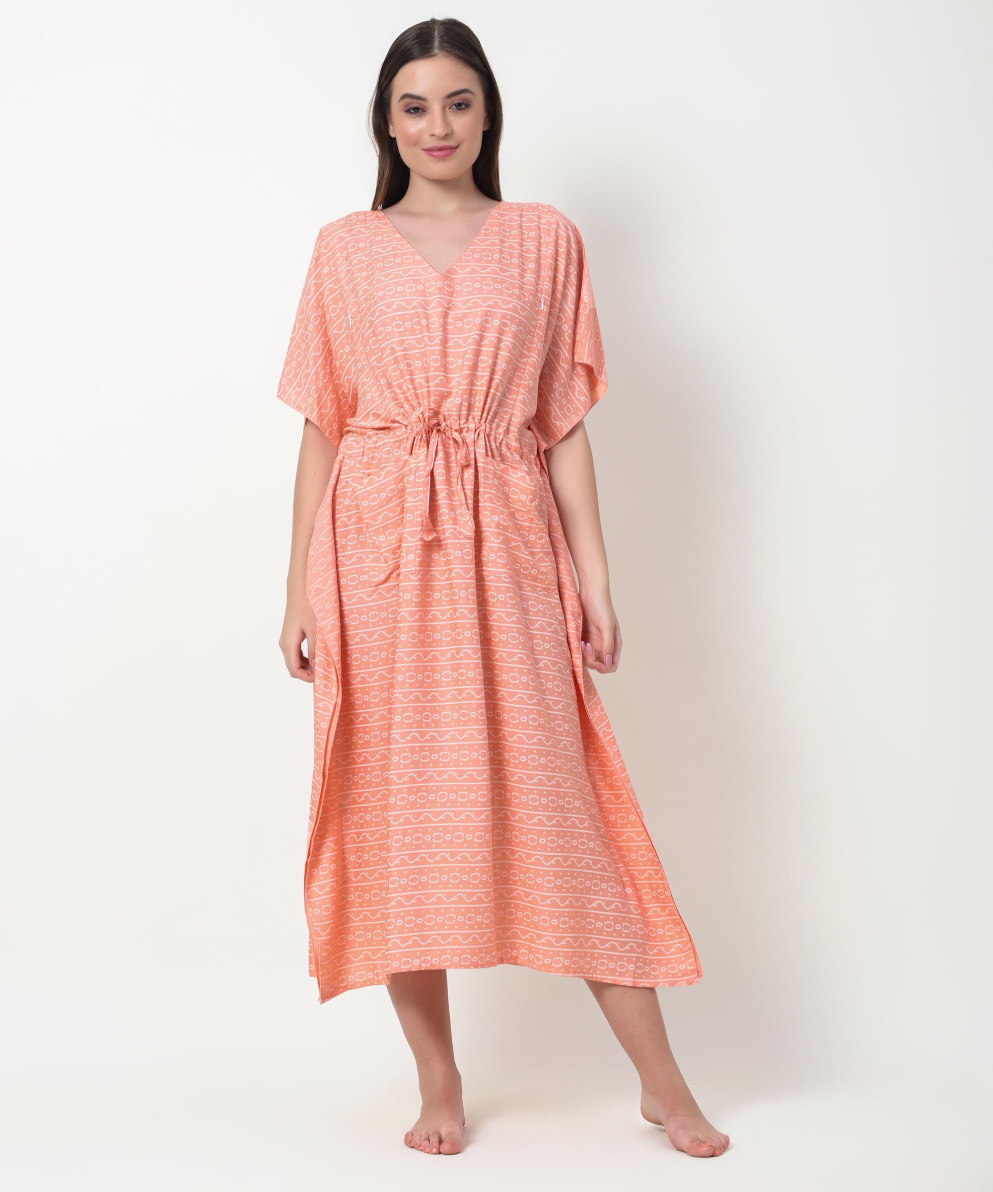 Noty® Women's-Printed Rayon Maternity & Nursing Kaftan with Both Side Zippers and Pockets | Soft & Breathable Feeding Nightwear Dress