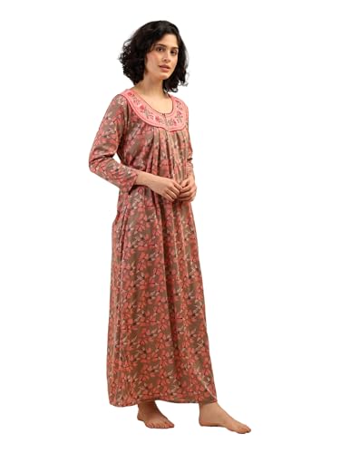Noty® Women's- Nighty | Maxi | Gown- Poly Viscose Knits Fabric- Embroidery, Full Sleeves, Zip Closure