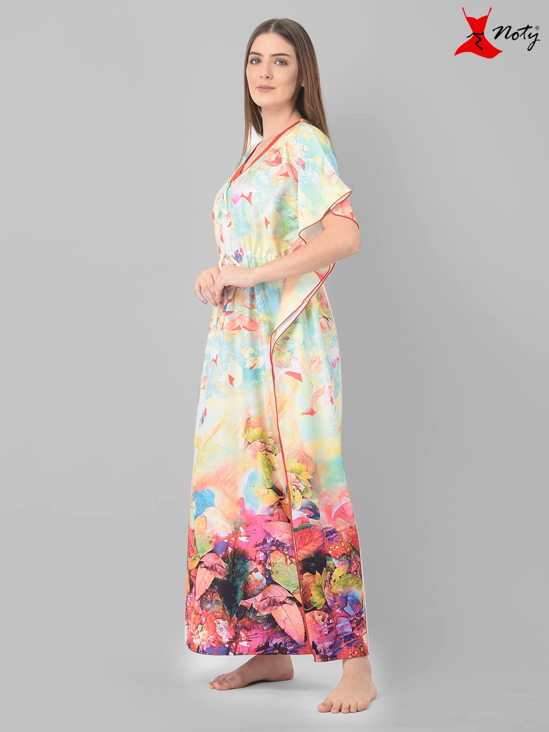 Noty ยฎ Women's Kaftan Nighty | Digital Print | Sarena Fabric | V Shaped Neck Nightwear | Nightdress for Girl
