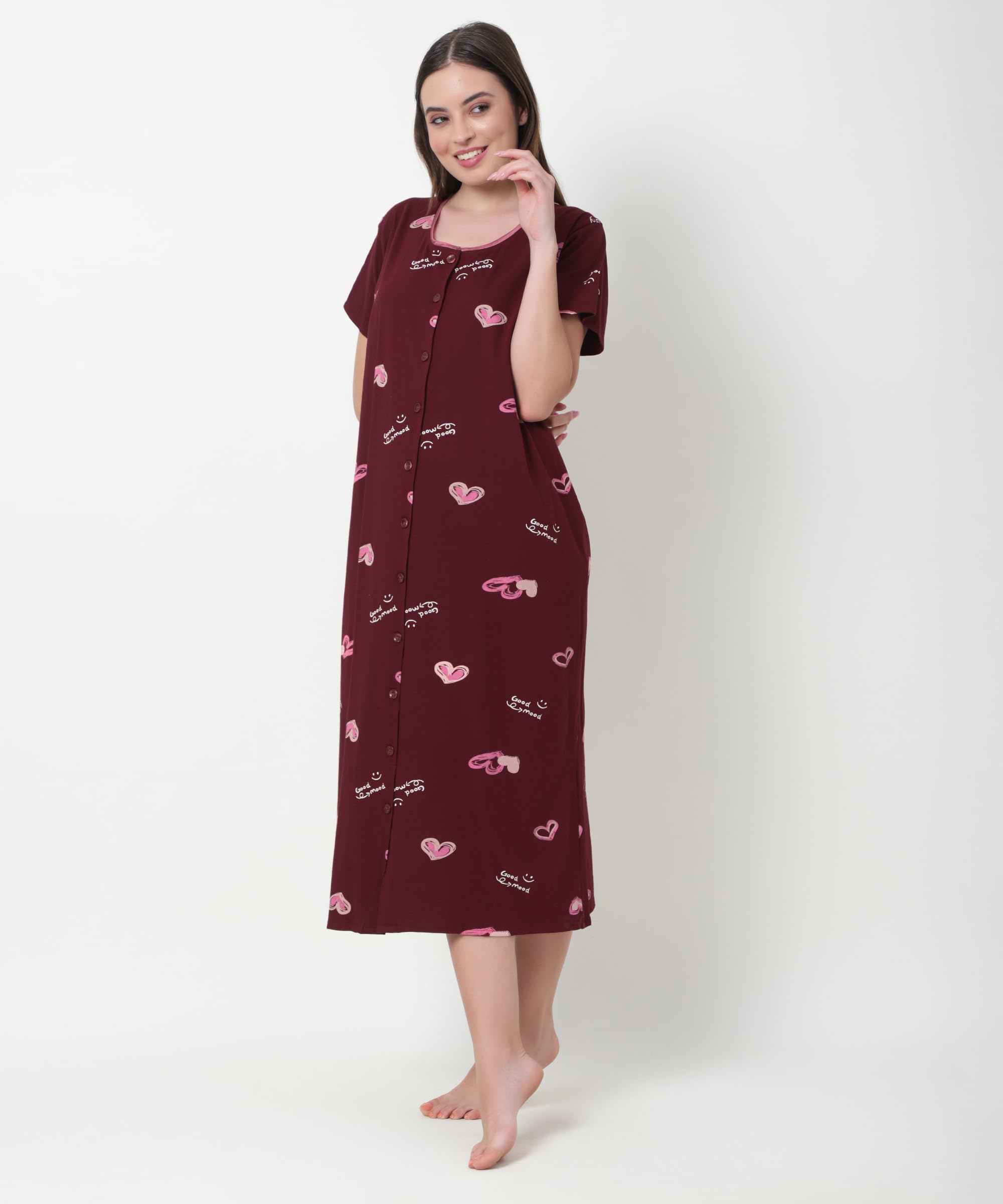 Noty ® Women's- Maternity | Hospital | Delivery Gown | Feeding | Nursing Nighty- Sinker Cotton Knits Fabric- Front Open | Printed | Full Button Open | Short Sleeves