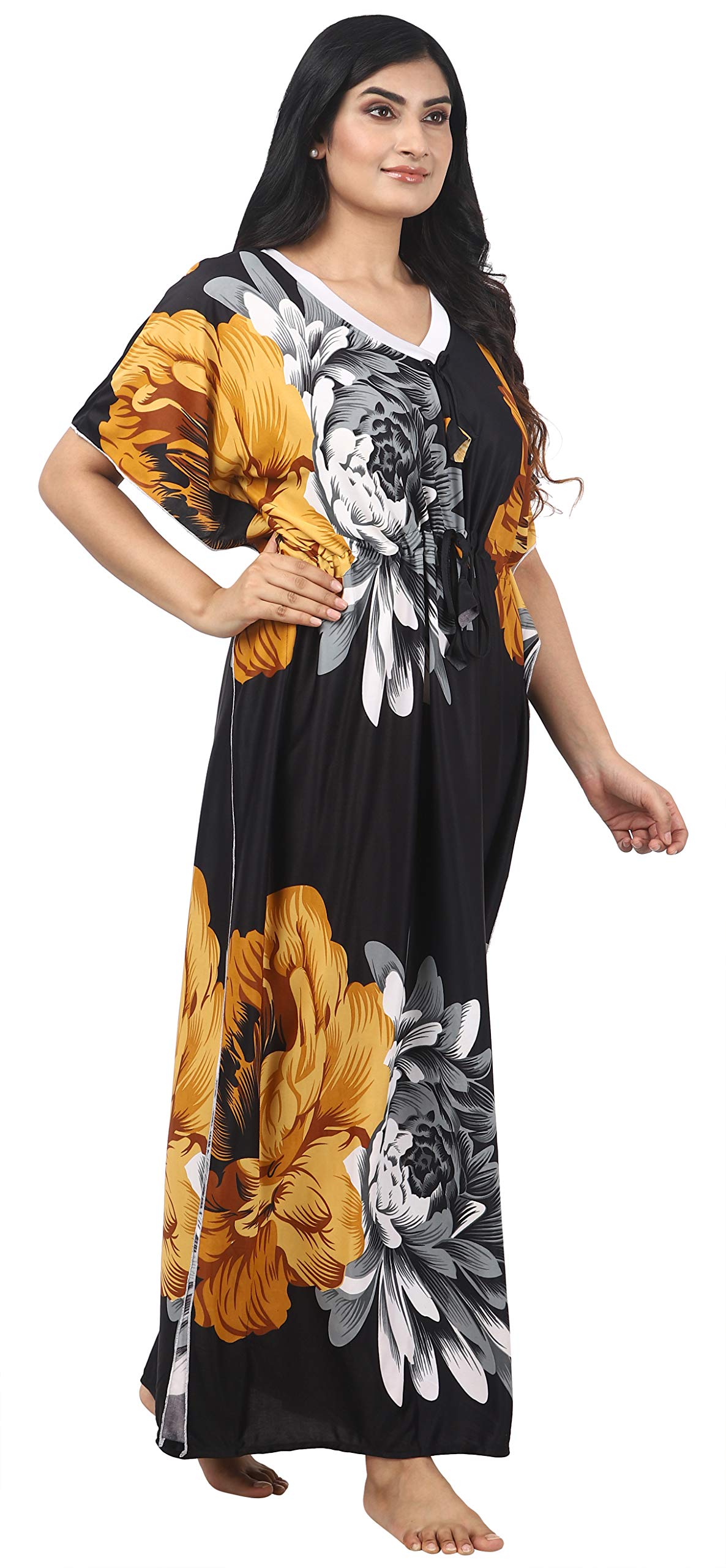 Noty Women's Kaftan Nighty | Serena Fabric | Floral Print Maxi | Short Sleeves | V Shaped Neck