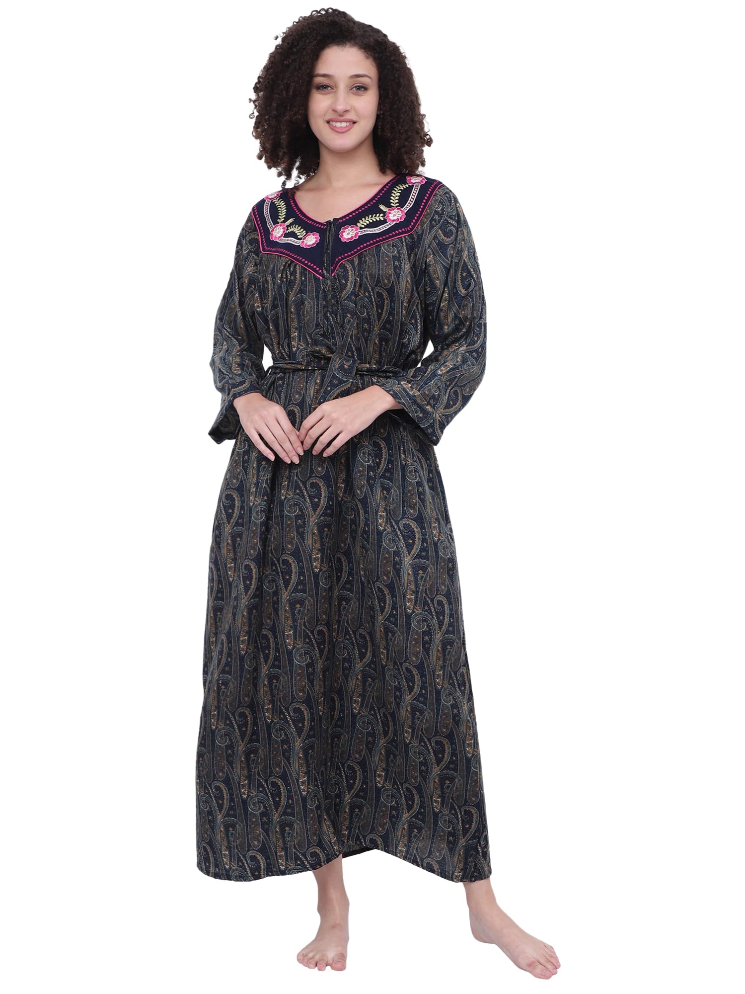 Noty® Women's Winter Nighty | Pashmina Blend | Full Sleeves |Embroidery Work On Neck with Zip Clousre | Maxi for Women