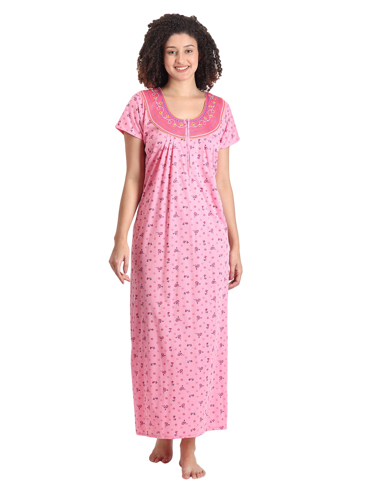 Noty® Women's- Nighty | Maxi | Gown- Poly Viscose Knits Fabric- Embroidery, Full Sleeves, Zip Closure