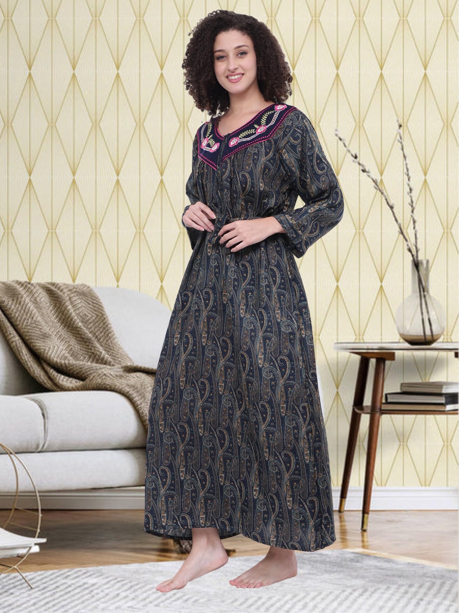 Noty® Women's Winter Nighty | Pashmina Blend | Full Sleeves |Embroidery Work On Neck with Zip Clousre | Maxi for Women