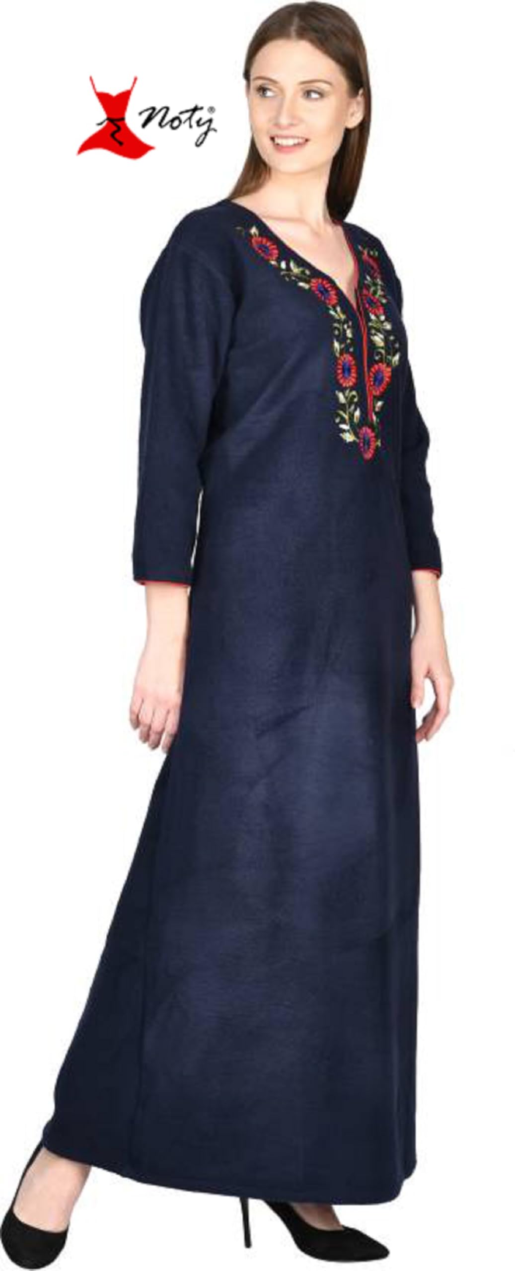 Noty Women Woolen Winter Fleece Nighty 3/4 Sleeve - Punch, Maroon, Deep Purple, Navy Blue