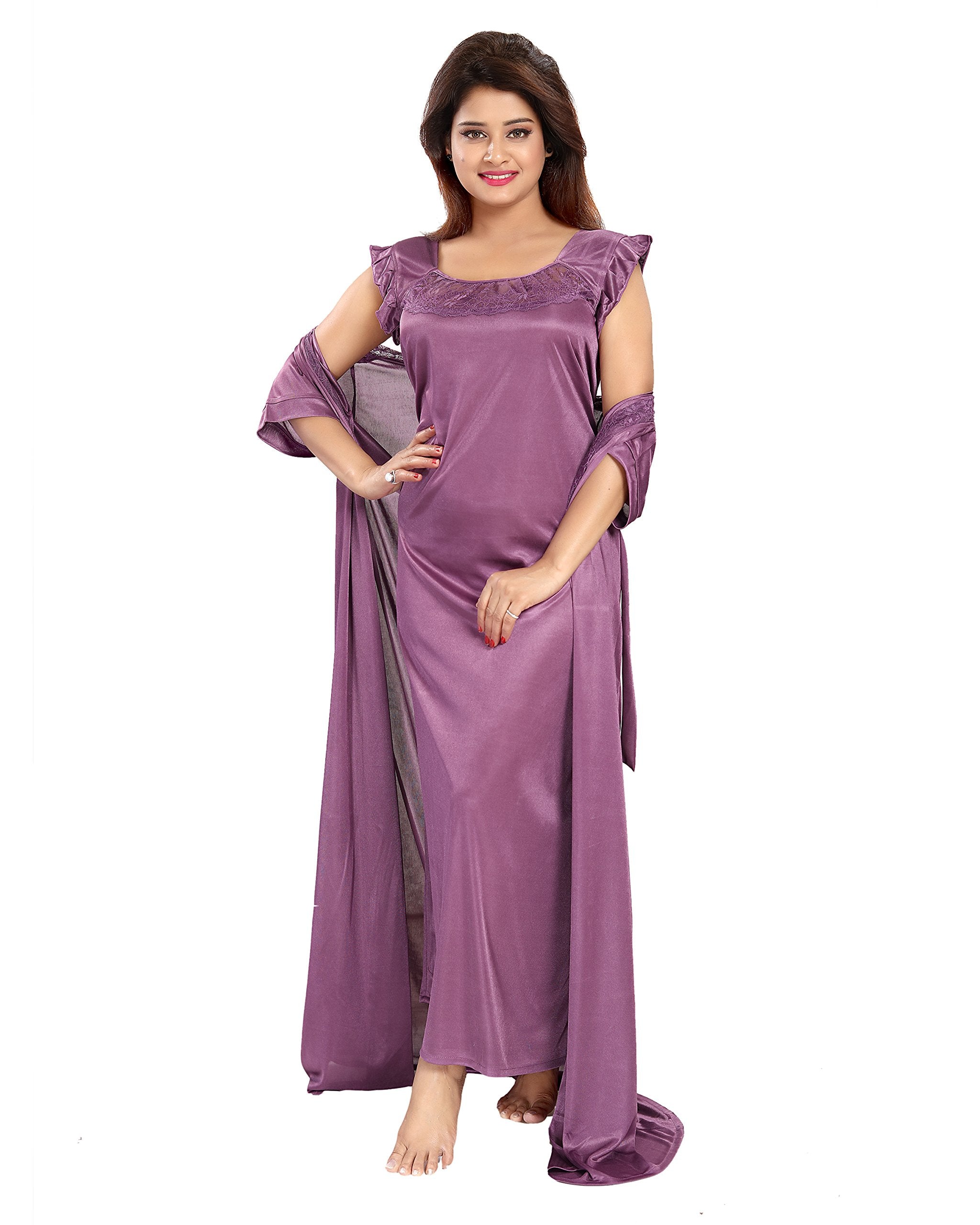Noty ® Women's- 4 Pc- Nighty Set | Maxi | Robe |Gown- Satin Fabric- 4 Pc- Nighty with Robe and Night Suit