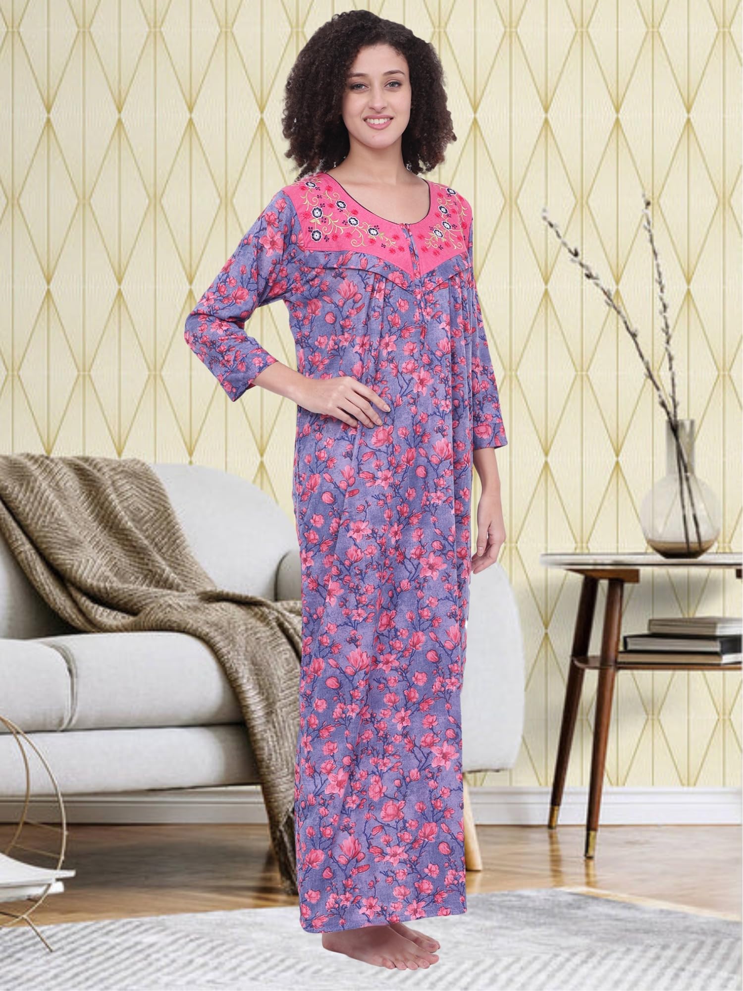 Noty ® Women's- Maternity | Feeding | Nursing | Nighty/Maxi/Gown- Poly Viscose Knits Fabric- Floral Embroidery, Zip on Both Sides, Full Sleeves