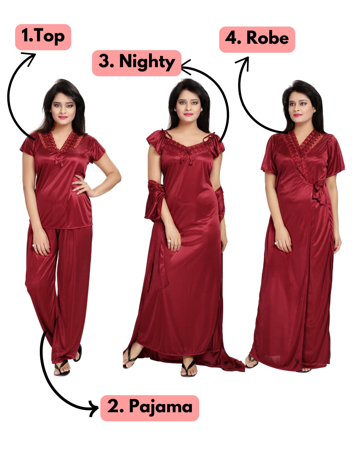 Noty Women's 4 Pc Nighty Set | Satin Nighty | Maxi with Robe | Solid Print | Top with Pajama | Lace work on Neck | Short Sleeves