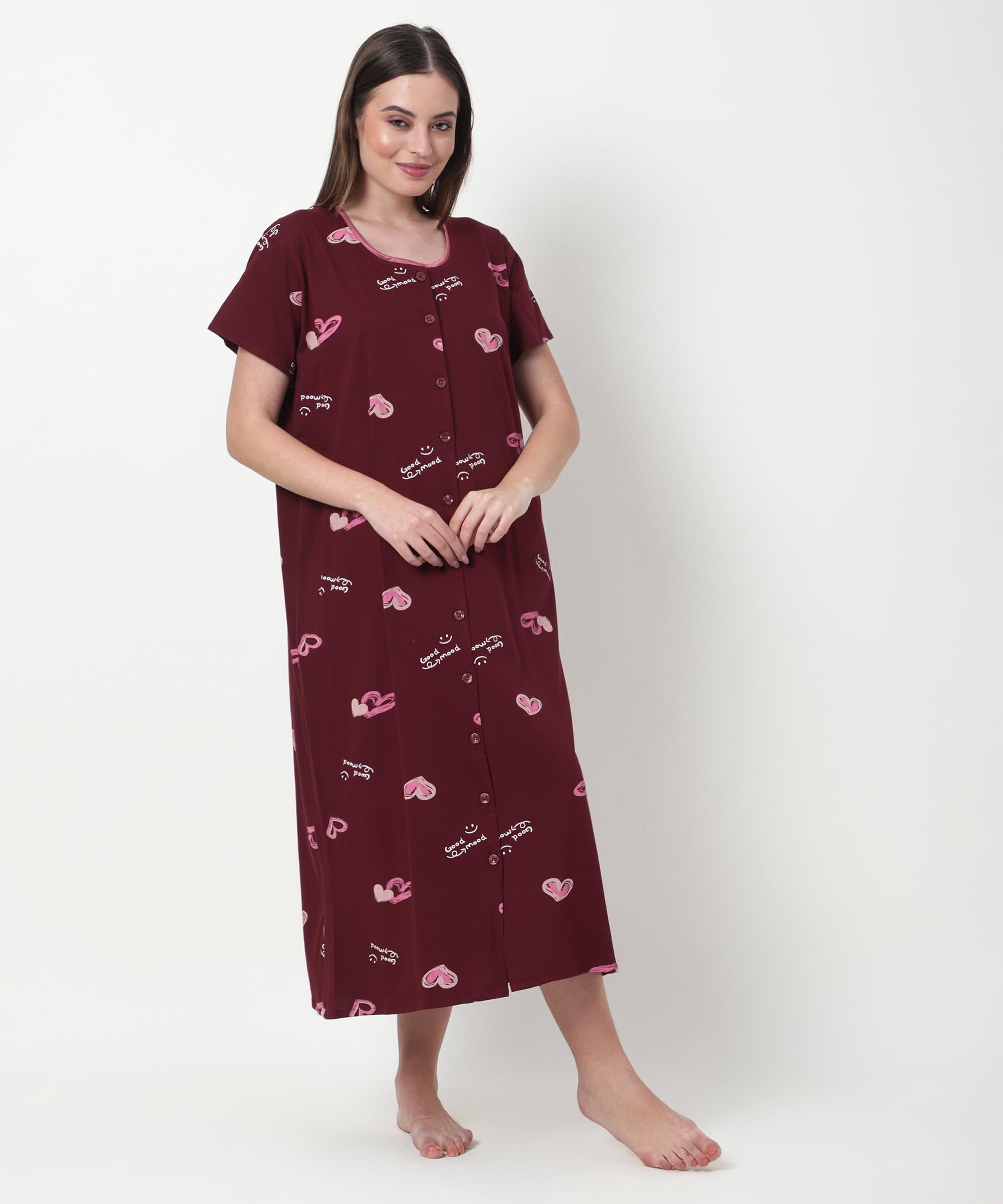Noty ® Women's- Maternity | Hospital | Delivery Gown | Feeding | Nursing Nighty- Sinker Cotton Knits Fabric- Front Open | Printed | Full Button Open | Short Sleeves