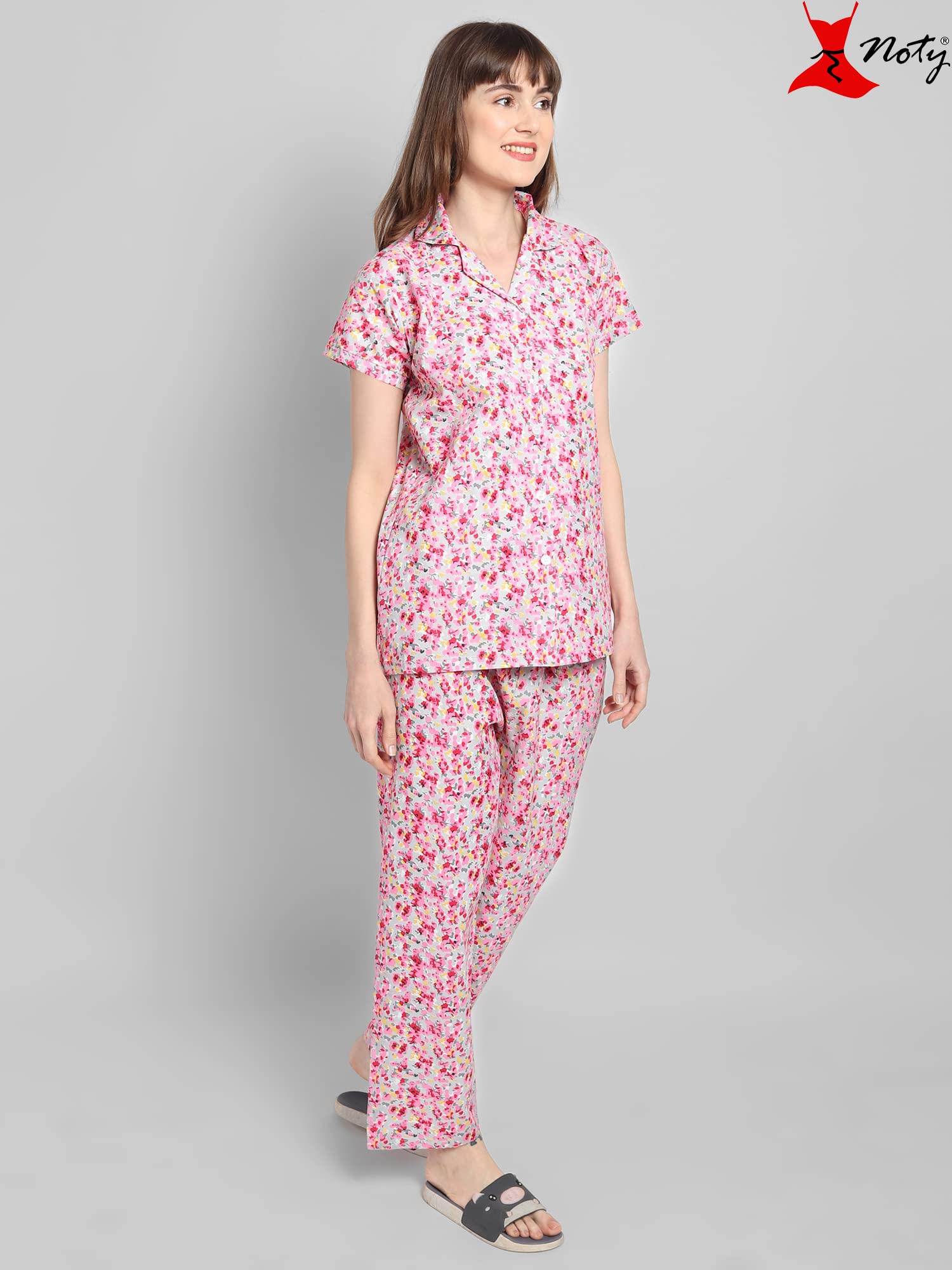 Noty ® Girl's/Women's Polyester and Cotton Mixed- Small Floral Printed- Night Suit/Night Wear/Lounge Wear/Night Dress