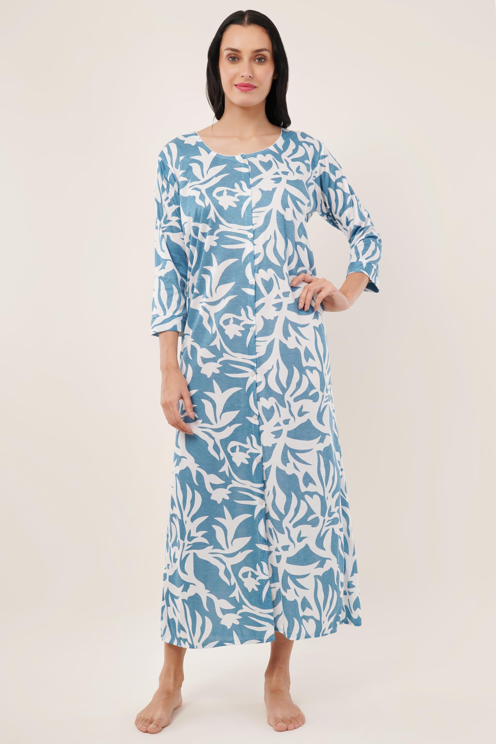 Noty® Women's- Maternity/Hospital/Delivery Gown- Poly Viscose Knits Fabric- Front Open | Printed | Round Neck with Button Closure | Pocket | Full Sleeves