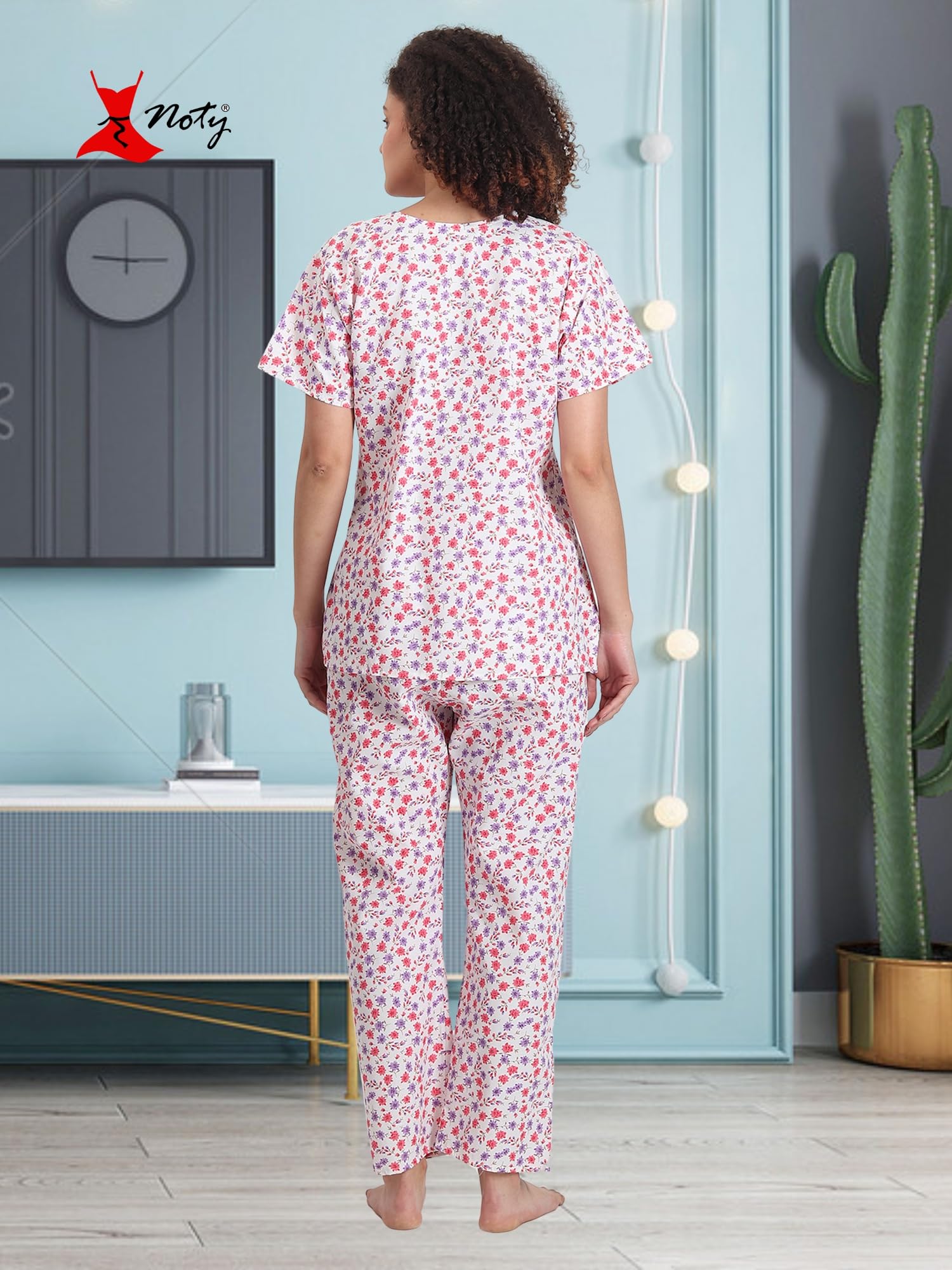 Noty ® Girl's/Women's Polyester and Cotton Mixed- Small Floral Printed- Night Suit/Night Wear/Lounge Wear/Night Dress