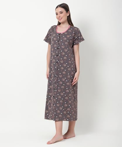 Noty ® Women's- Maternity | Hospital | Delivery Gown | Feeding | Nursing Nighty- Sinker Cotton Knits Fabric- Front Open | Printed | Full Button Open | Short Sleeves