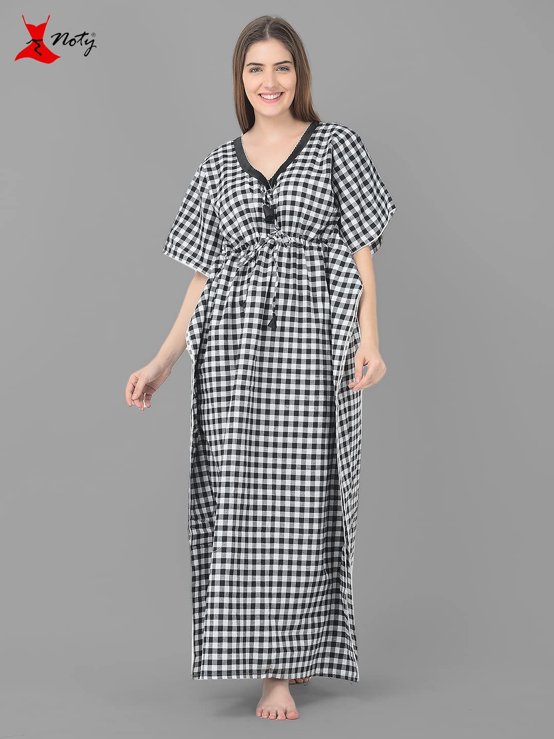 Noty Women Soft Cotton Kaftan Nighty | Check Print | Cotton Nighty | V Neck | Nightwear Nightdress