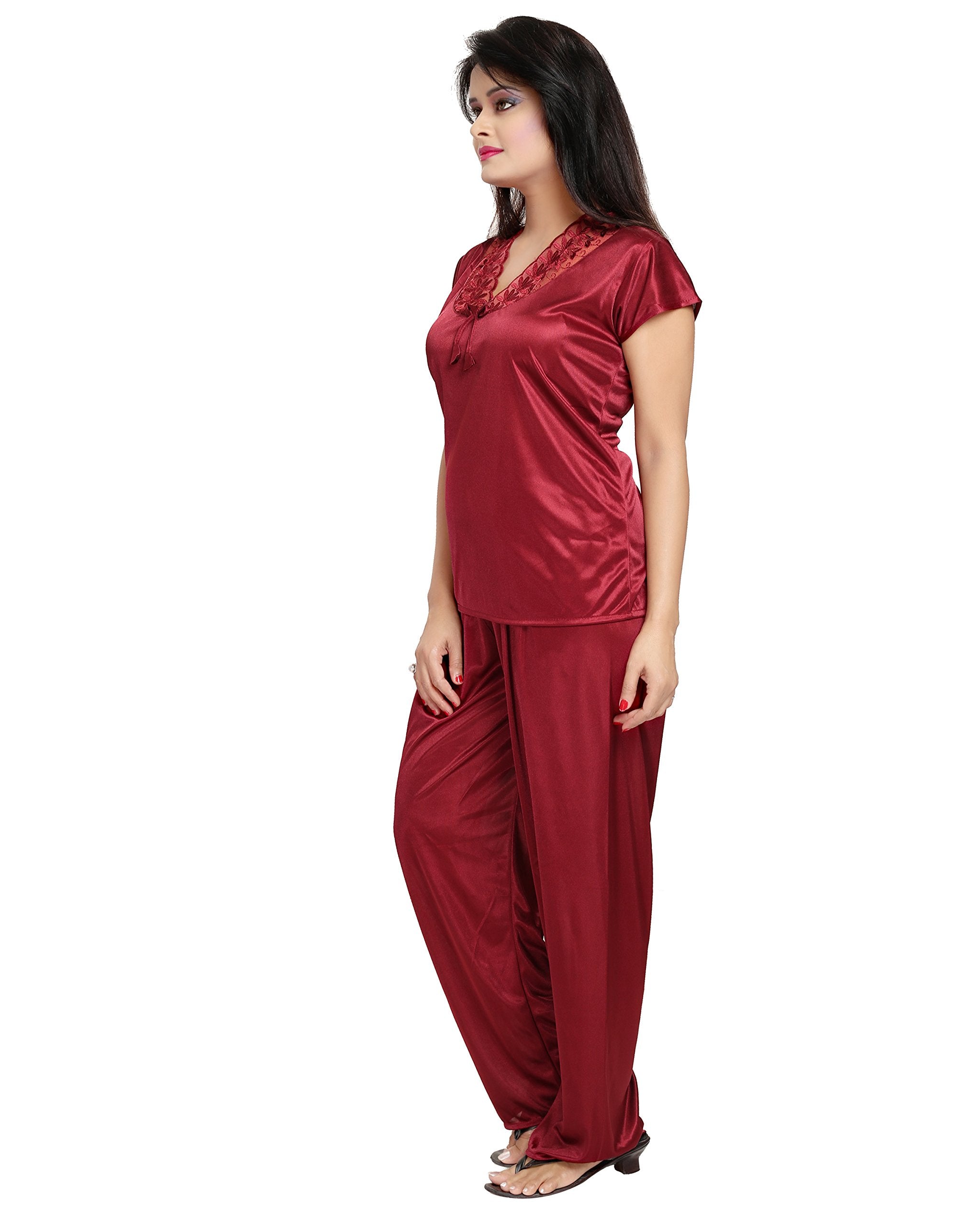 Noty Women's Satin Nighty, Robe, Top, Night Dress - Set of 6/7 (Maroon, Free Size)