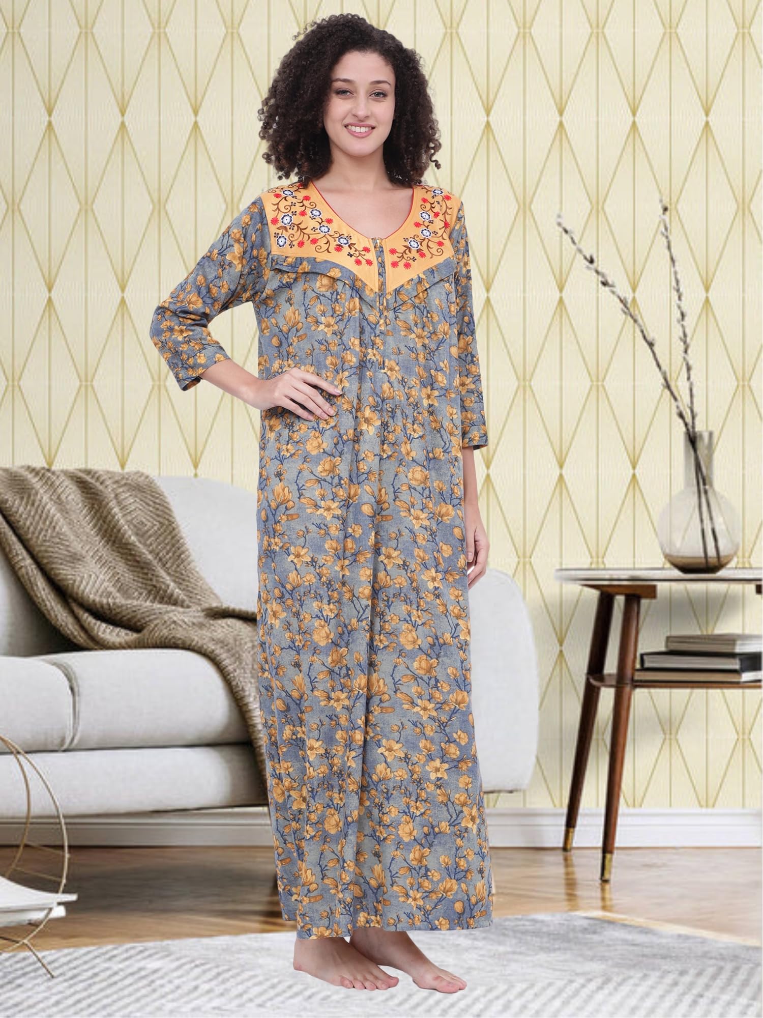 Noty ® Women's- Maternity | Feeding | Nursing | Nighty/Maxi/Gown- Poly Viscose Knits Fabric- Floral Embroidery, Zip on Both Sides, Full Sleeves