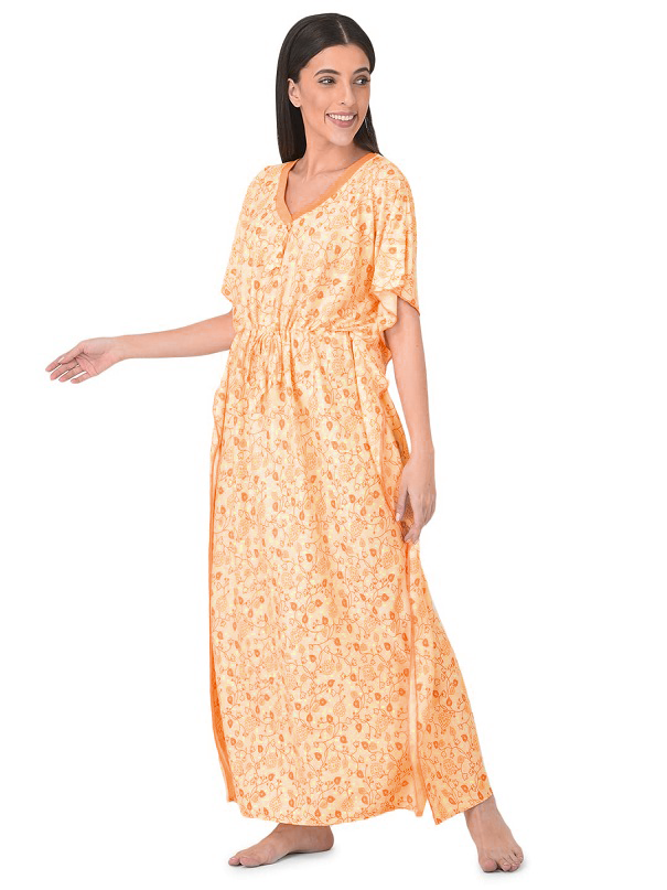 Noty Women's Soft Cotton Kaftan Maxi Nightgown Nighty Nightdress Nightwear -V-Neck- Floral
