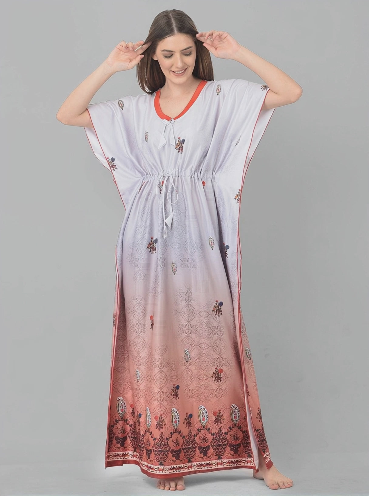 Noty ยฎ Women's Kaftan Nighty | Digital Print | Sarena Fabric | V Shaped Neck Nightwear | Nightdress for Girl